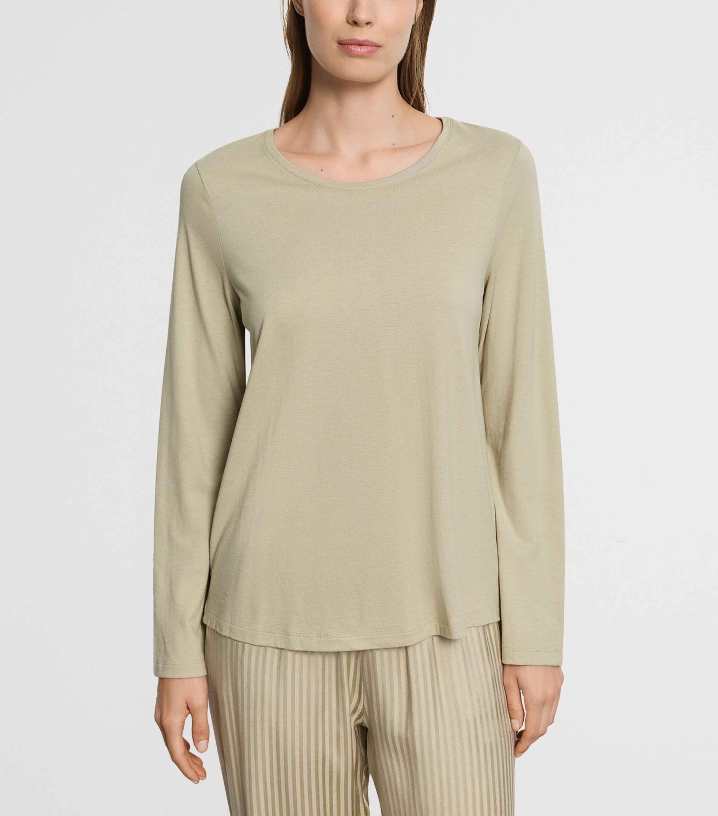 Hanro Womens Stretch-Cotton Long-Sleeve Sleep & Lounge T-Shirt Olive Stem Image 2