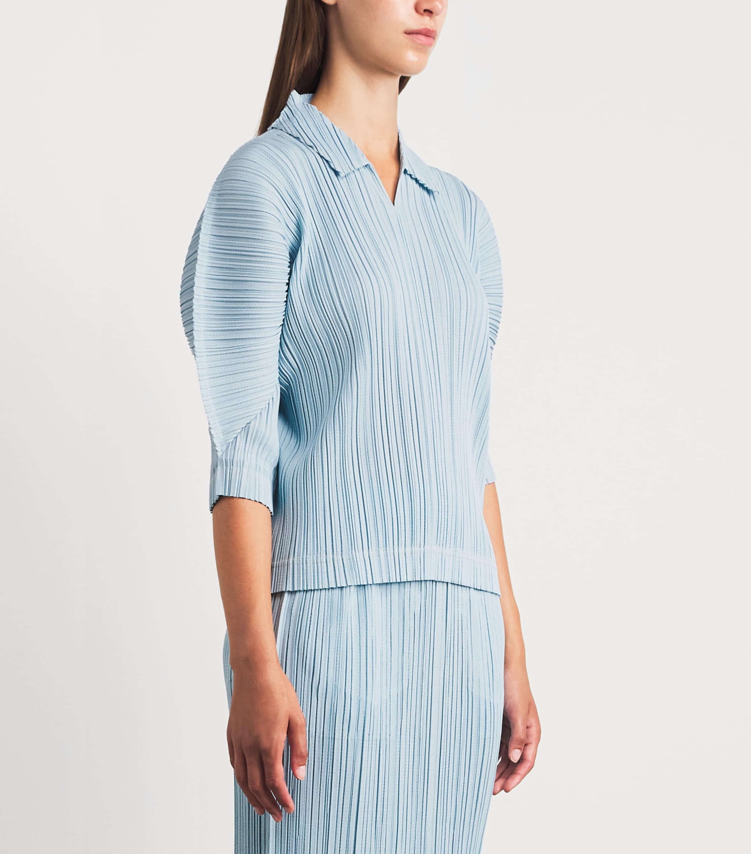 Pleats Please Issey Miyake Womens Cotton Denim Collared Top Light Blue Image 4