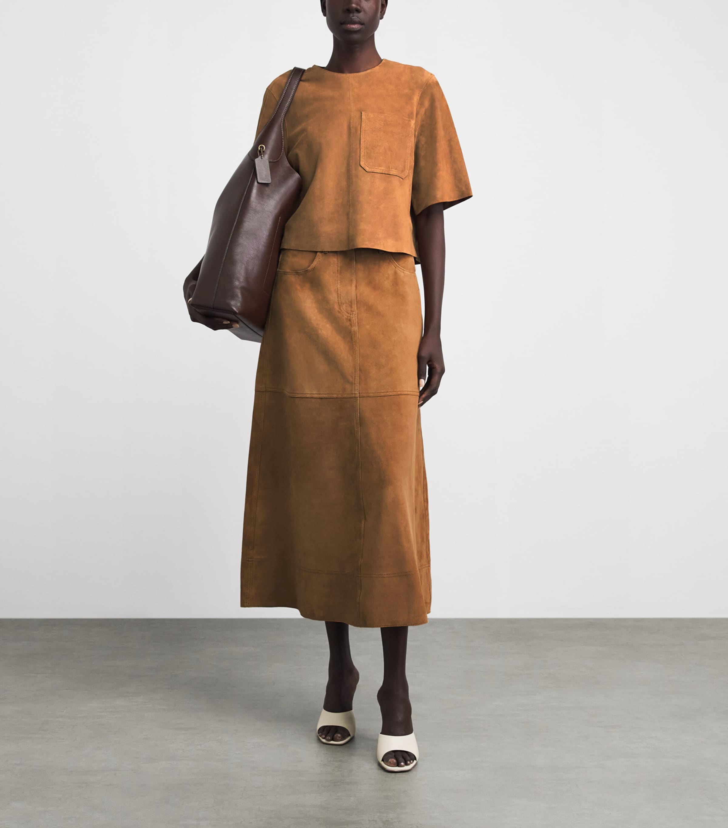 ME+EM Womens Suede A-Line Luxe Maxi Skirt Cigaro Brown Image 2