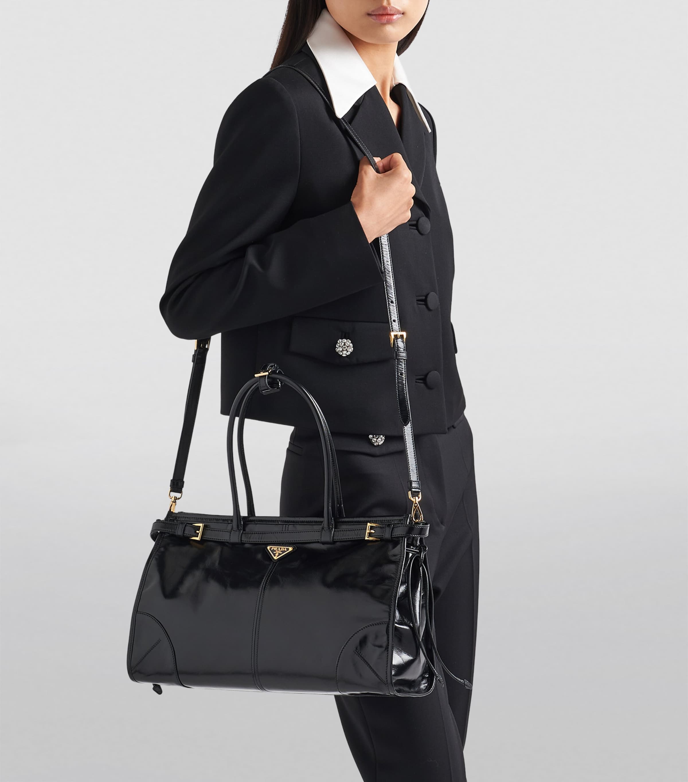 Prada Black Large Leather Bonnie Top-Handle Bag | Harrods UK