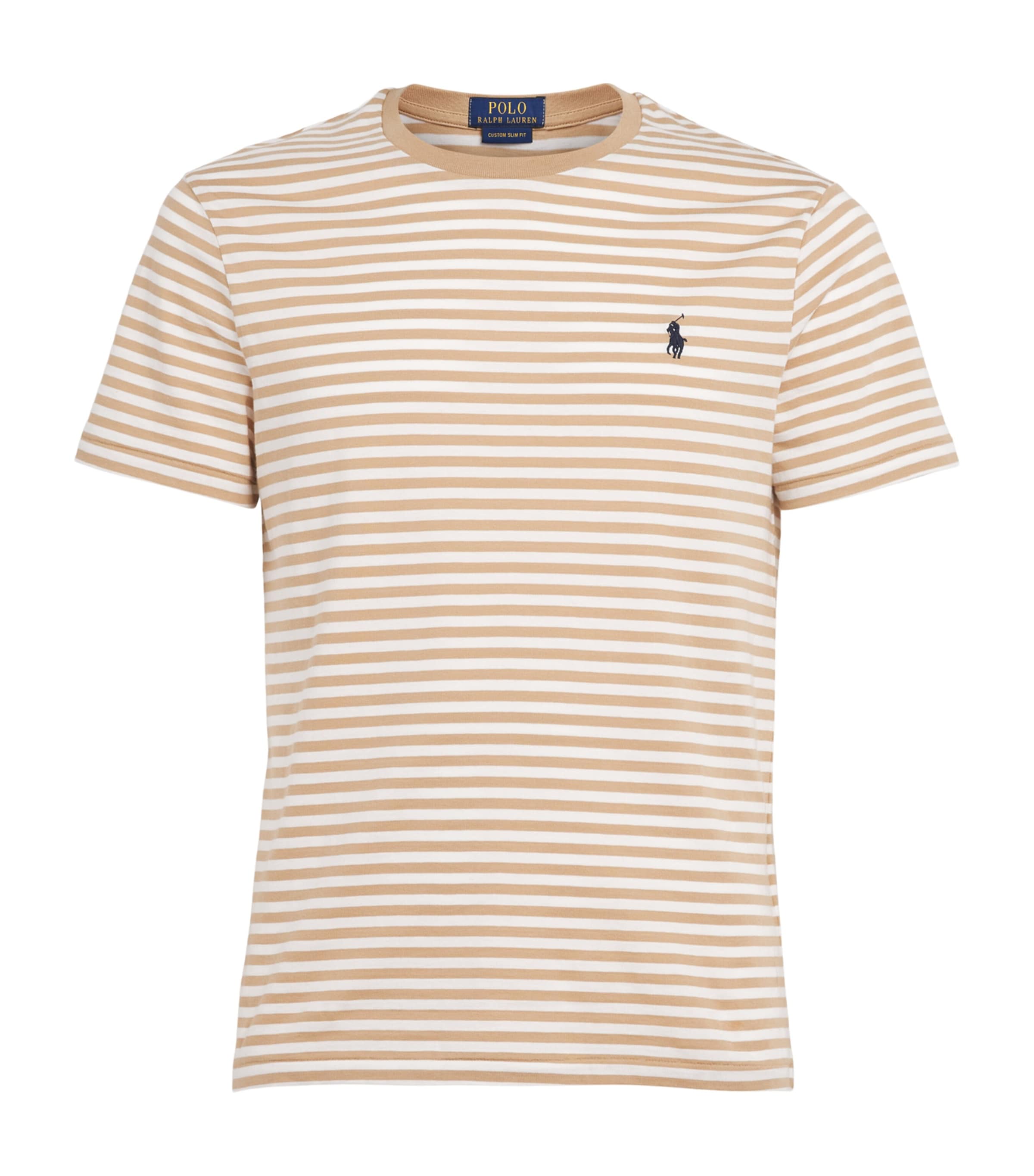 Polo Ralph Lauren Mens Cotton Stripe Polo Pony Slim T-Shirt Vintage Khaki/white Image 1