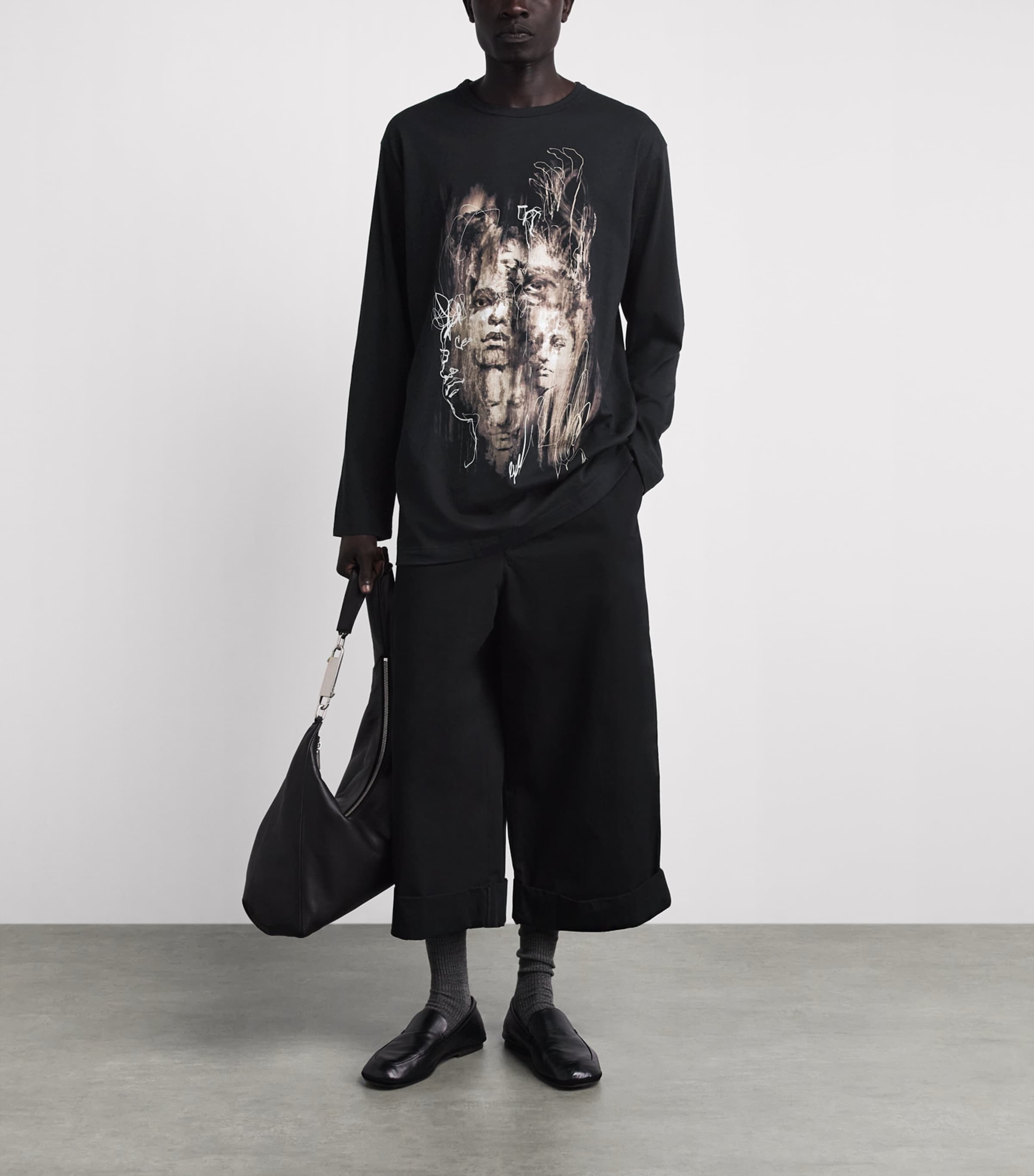 Yohji Yamamoto Mens Cotton Printed Long-Sleeve T-Shirt Black Image 2