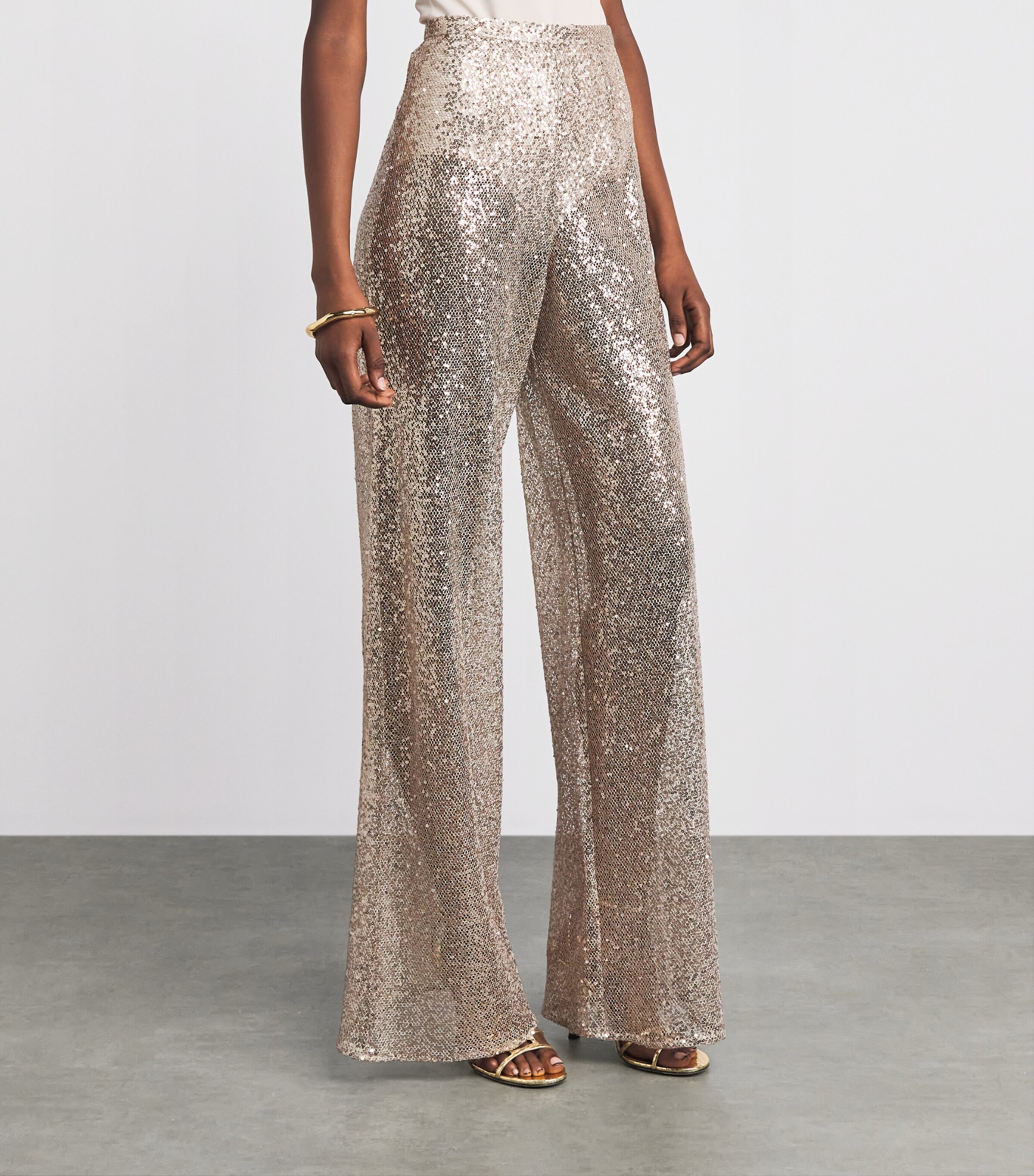 Taller Marmo Womens Sequin Marlene Disco Trousers White Sand Image 4