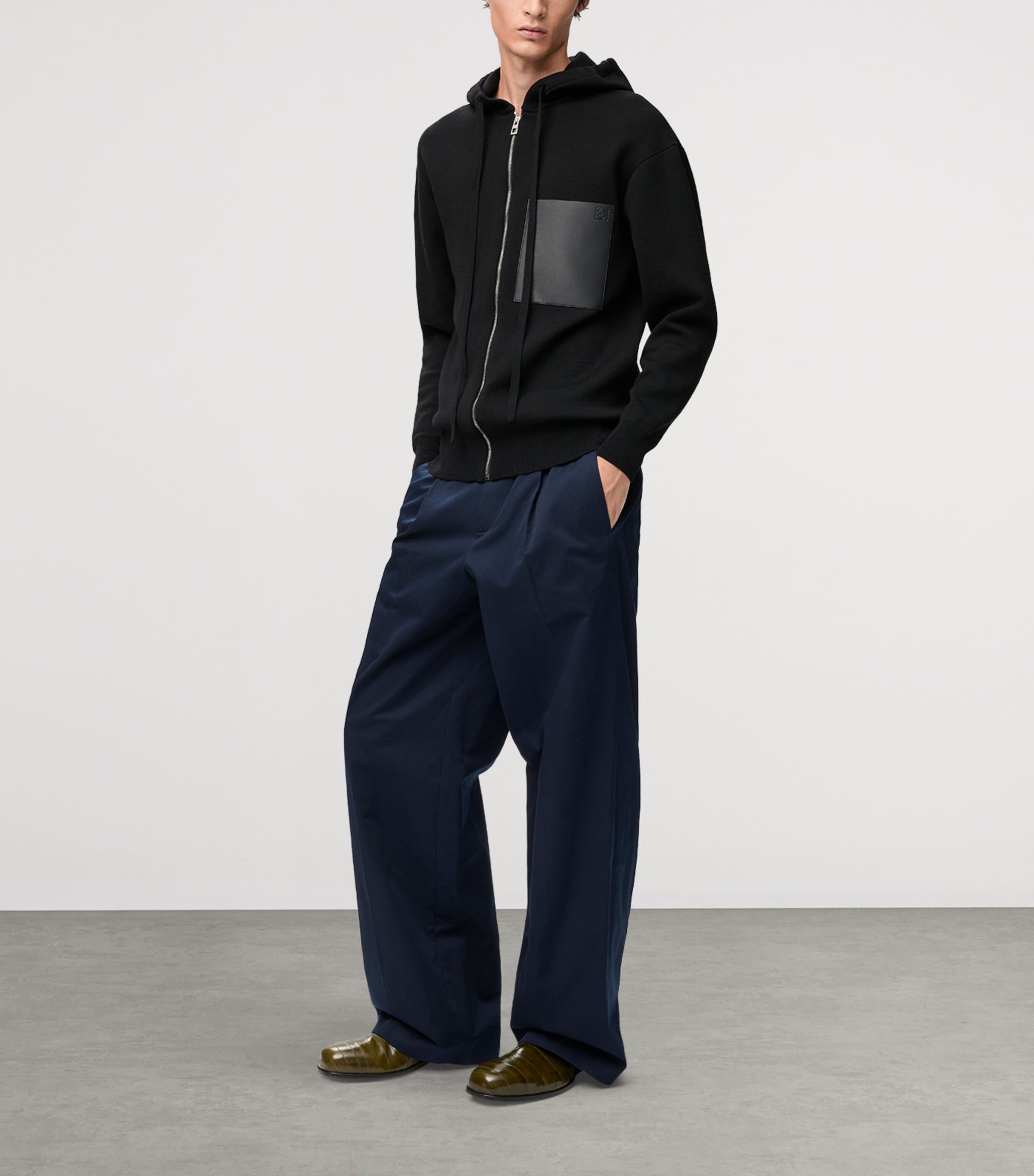 Wool-Blend Leather-Pocket Hoodie BLACK Image 2