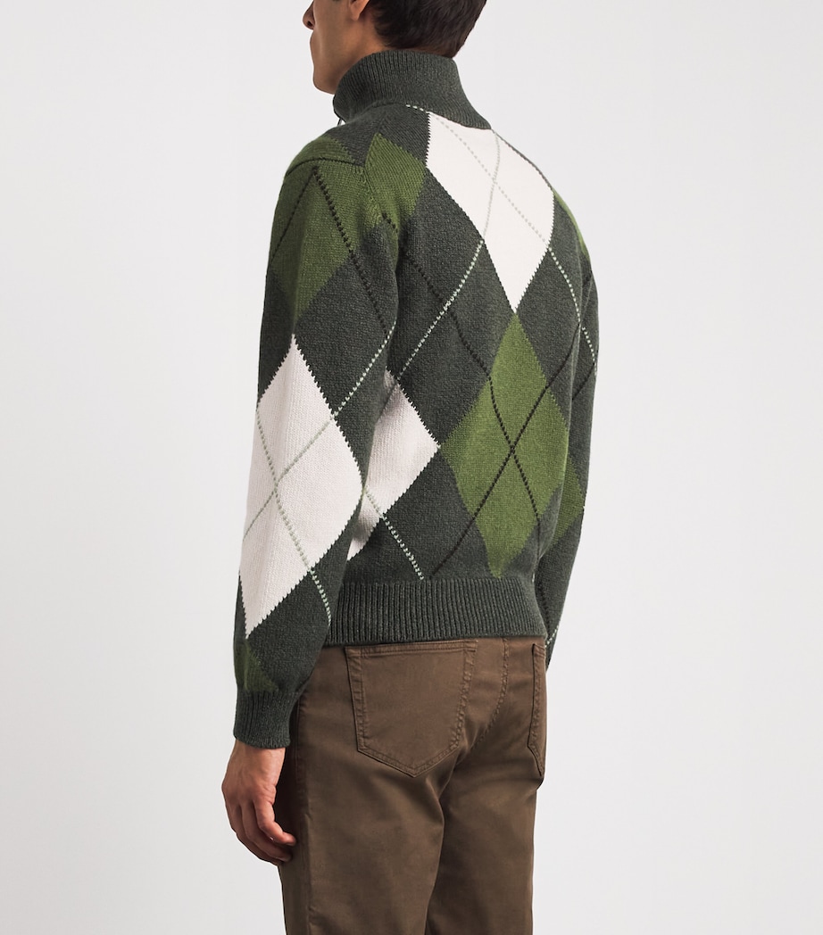 Purdey Mens Wool-Cashmere Strathmore Argyle Quarter-Zip Sweater Loden Image 5