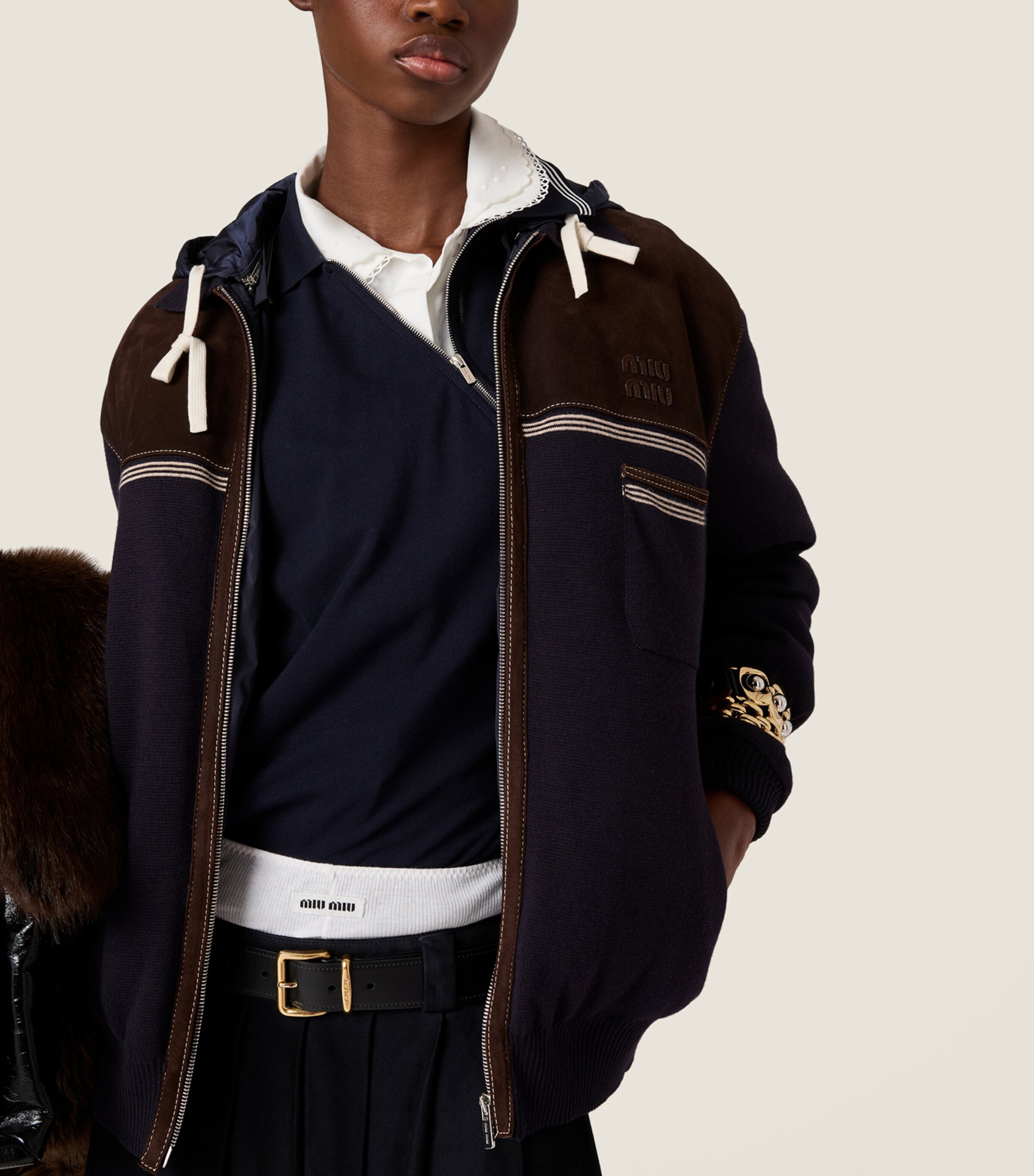 Miu Miu Womens Knit and Suede Down Jacket Image 4