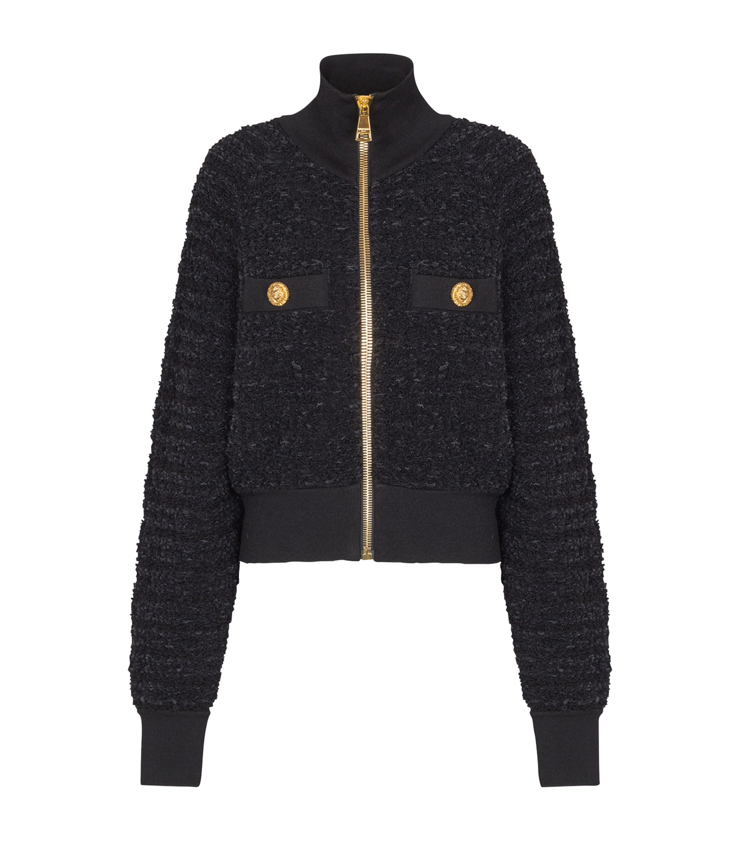 Balmain Textured Fabric Short Jacket With High Collar In Black