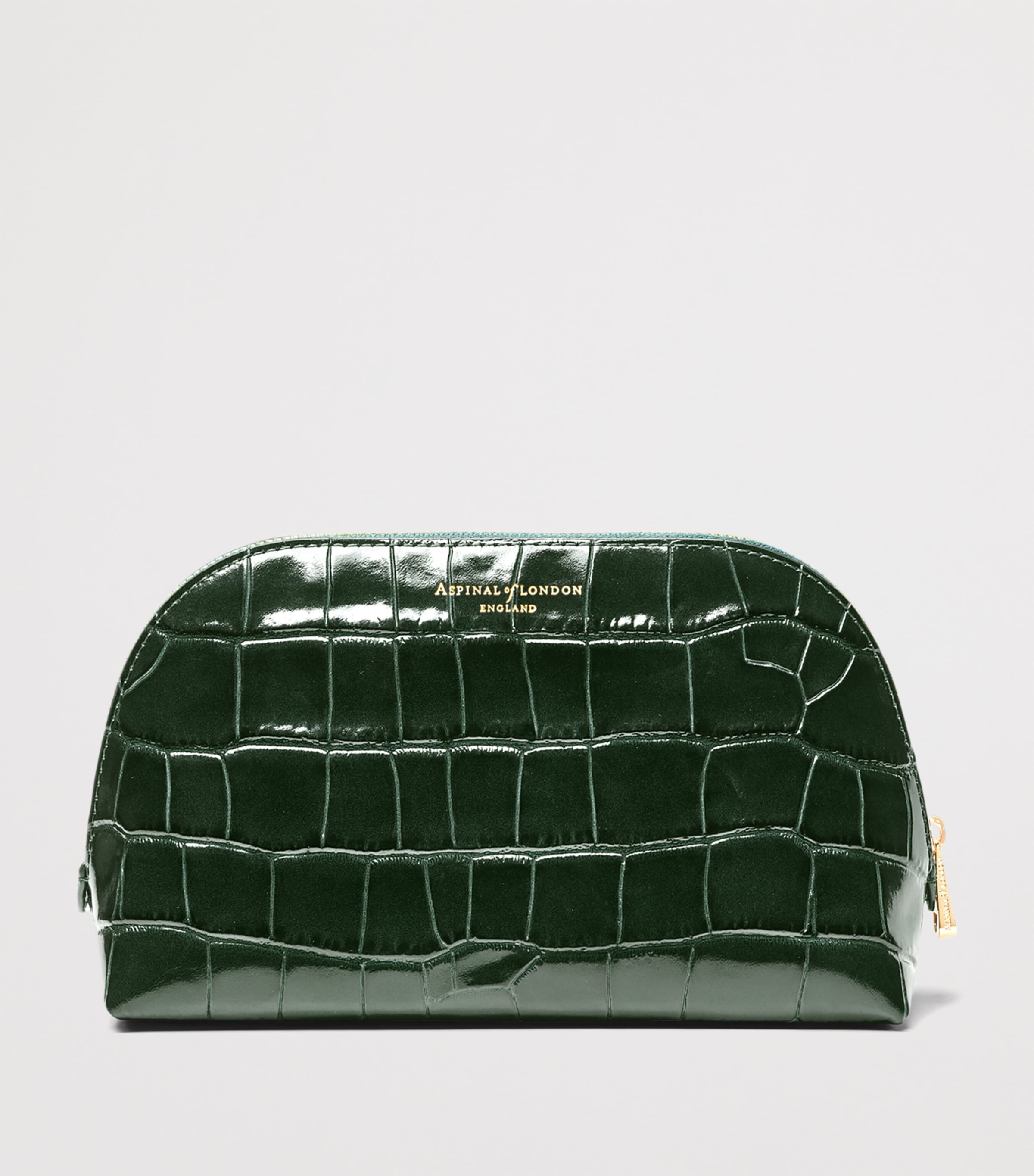 Aspinal Of London Small Leather Croc-Embossed Cosmetic Case Evergreen Image 2