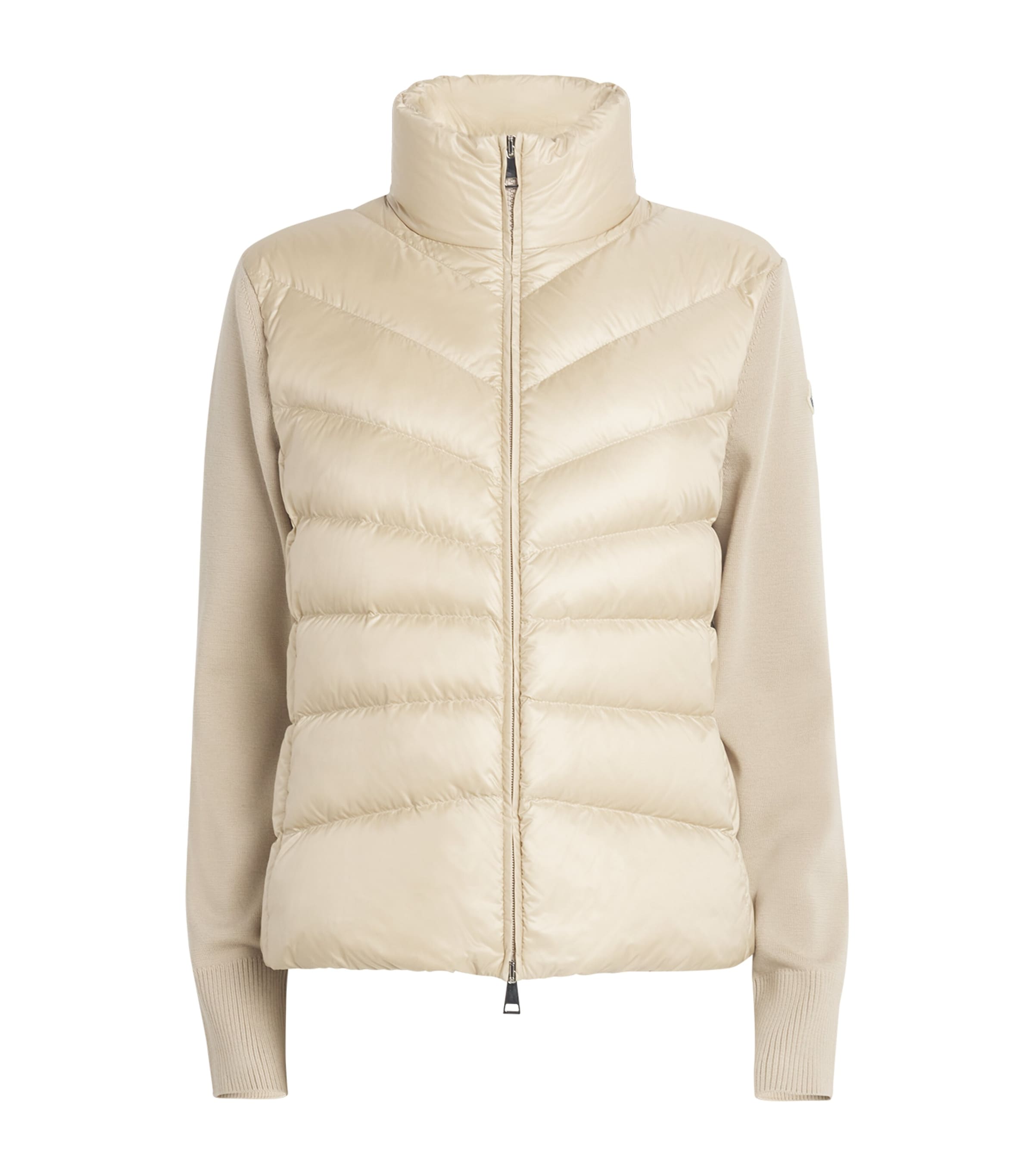 Moncler Quilted High Neck Two-material Cardigan With Feather Padding In Neutral