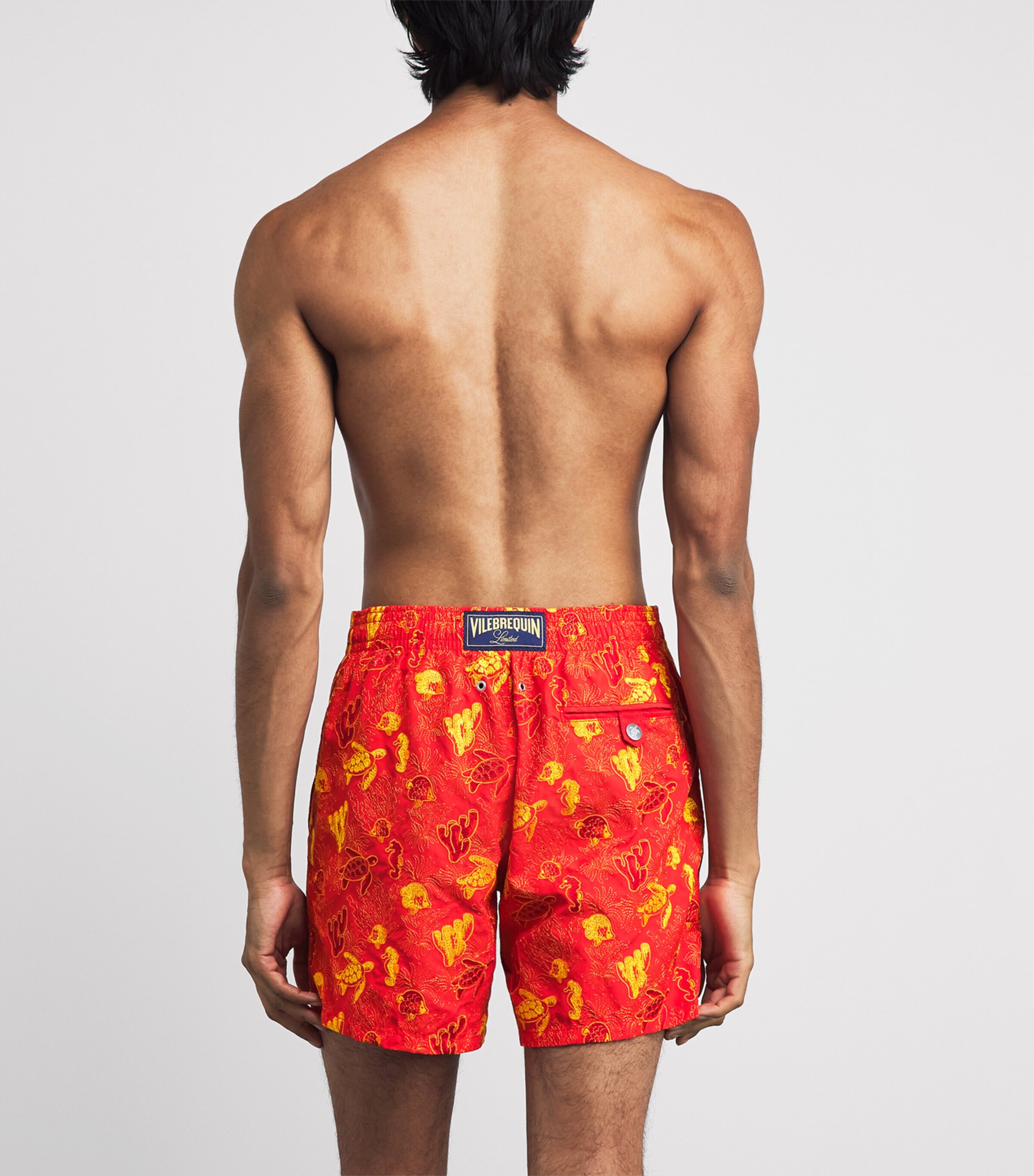 Vilebrequin Mens Aquatic Life-Embroidered Mistral Swim Shorts Coquelicot Image 4