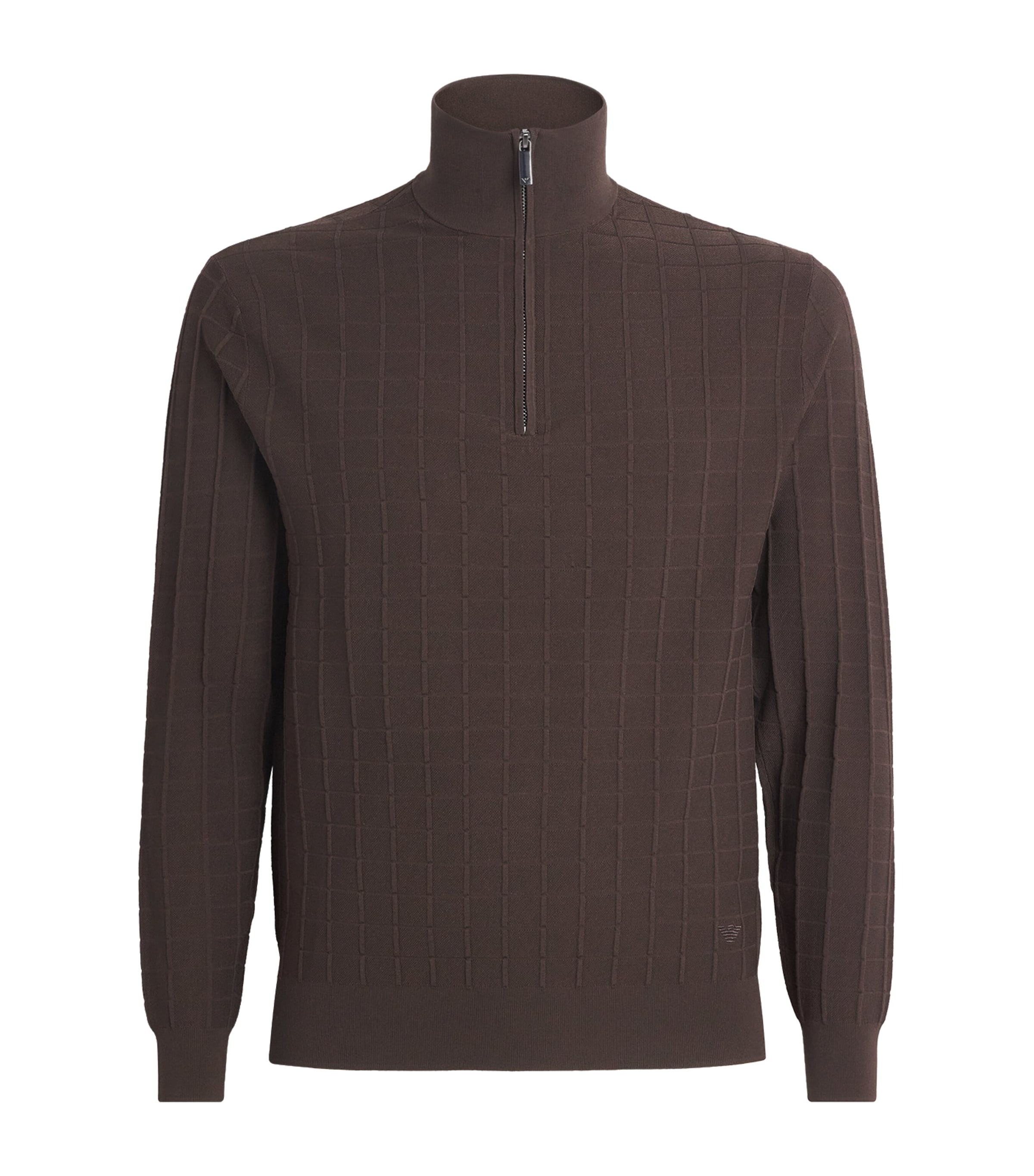 Emporio Armani Check-knit Quarter-zip Sweater In Brown