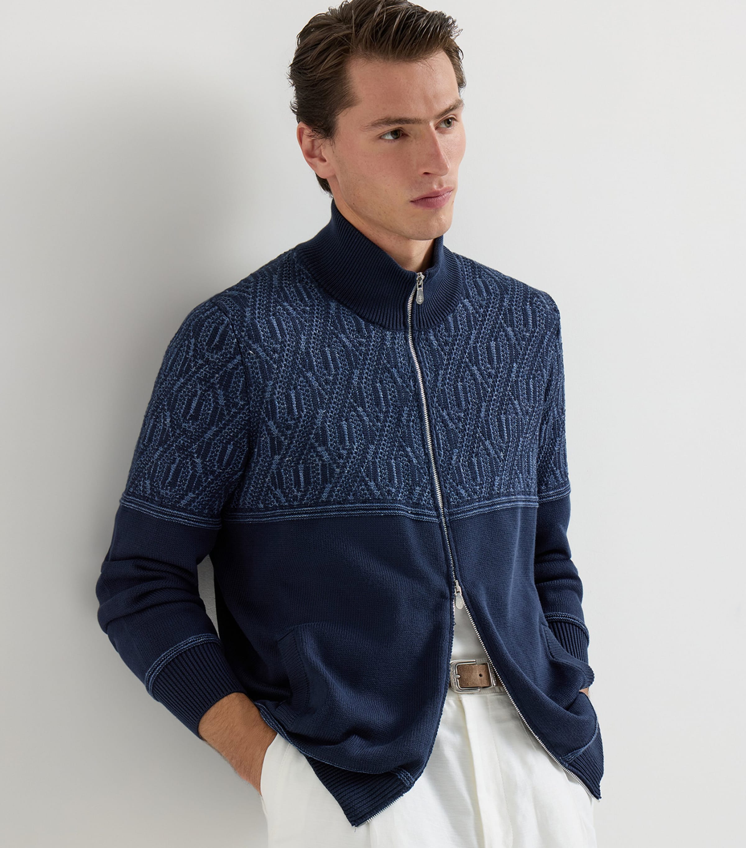 Brunello Cucinelli Mens Cotton Geometric Jacquard Cardigan Image 2