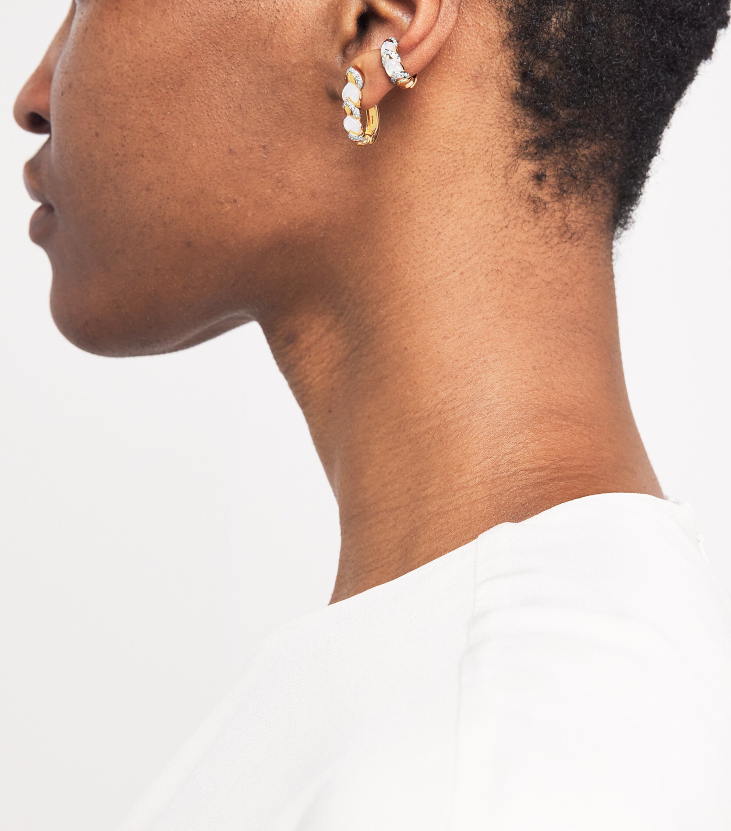 Nadine Aysoy Yellow Gold, Diamond and Mother-of-Pearl Cobra U-Shaped Hoop Earrings Yellow Gold Image 5