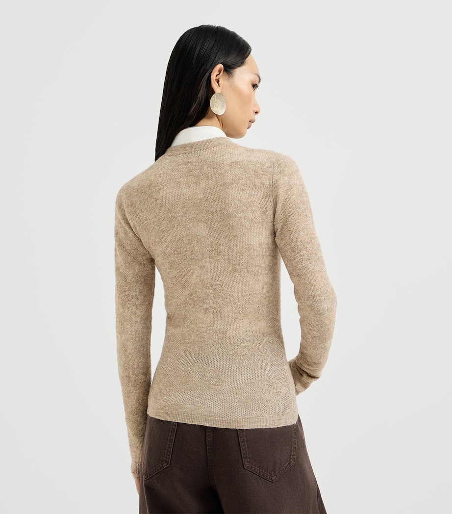 Brunello Cucinelli Womens Silk-Alpaca-Wool Lace-Detail Sweater Brown Image 5