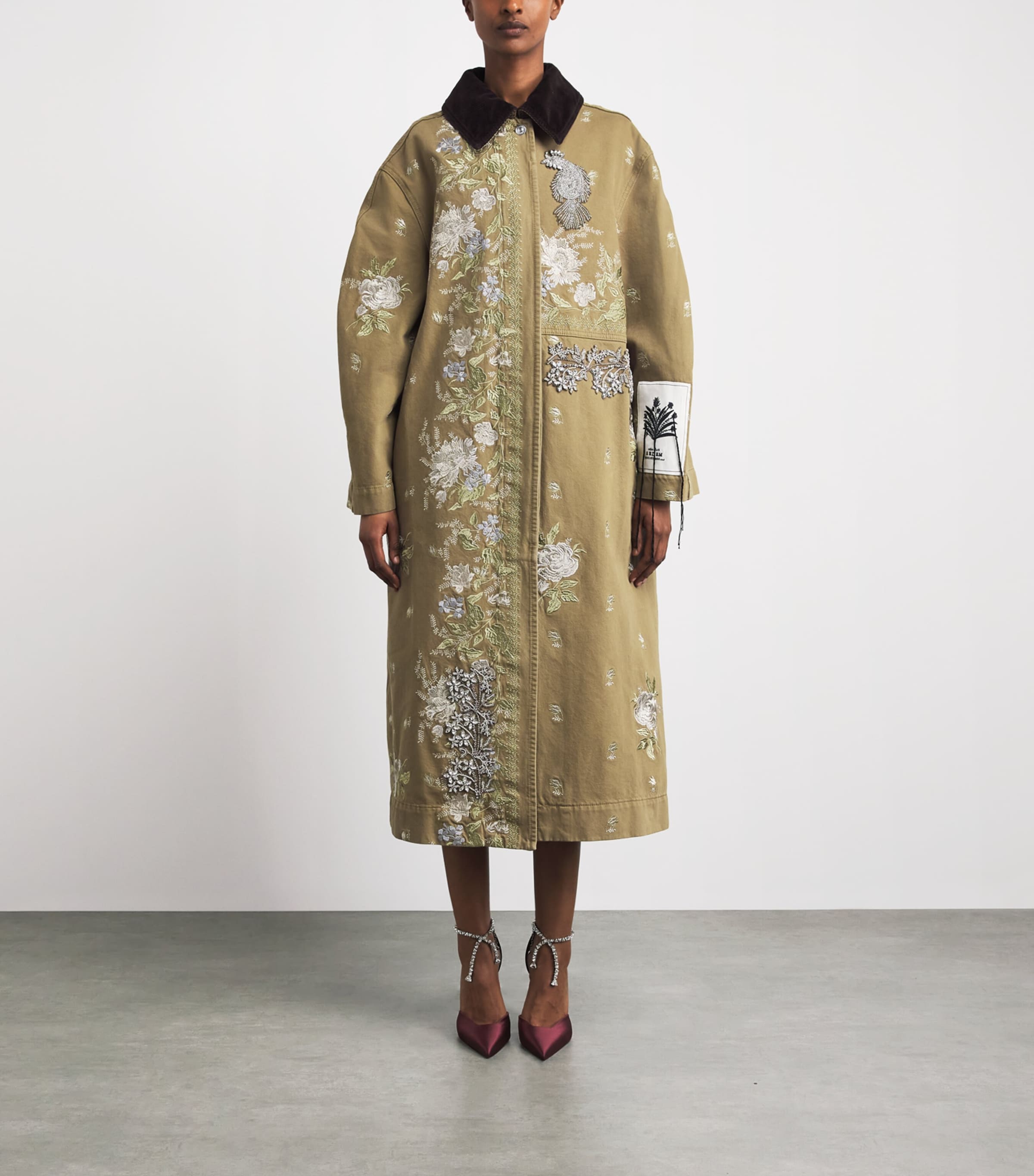 Erdem Womens Denim-Crystal Embroidered Overcoat Cumin Image 4