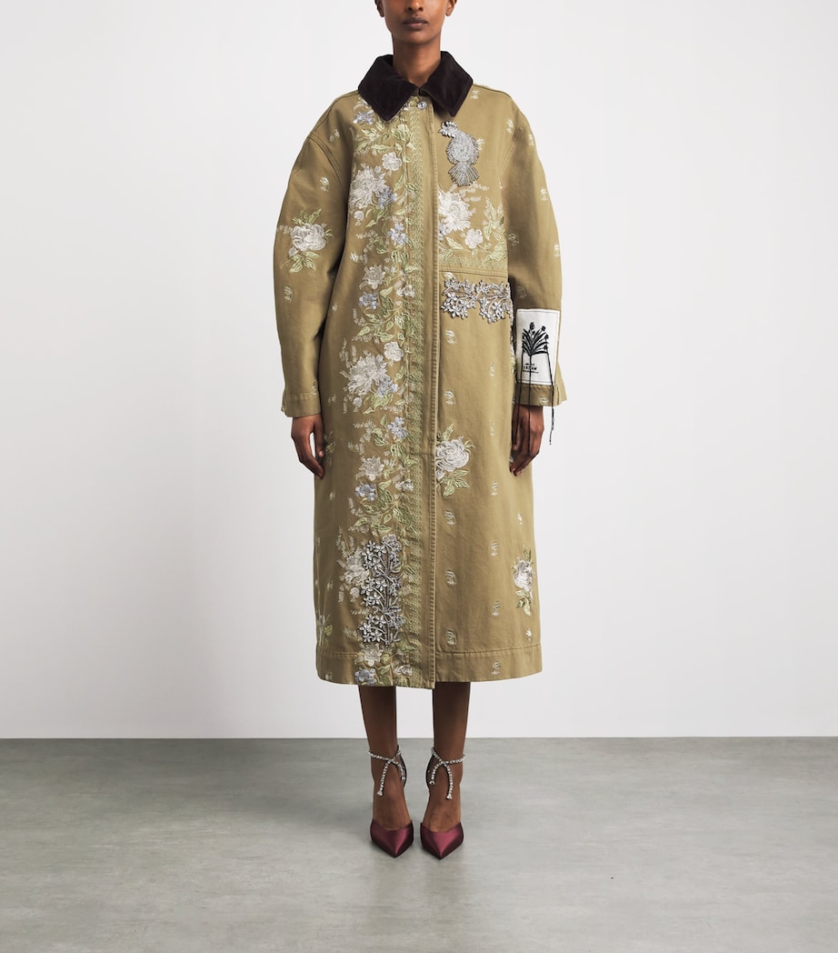 Erdem Womens Denim-Crystal Embroidered Overcoat Cumin Image 4
