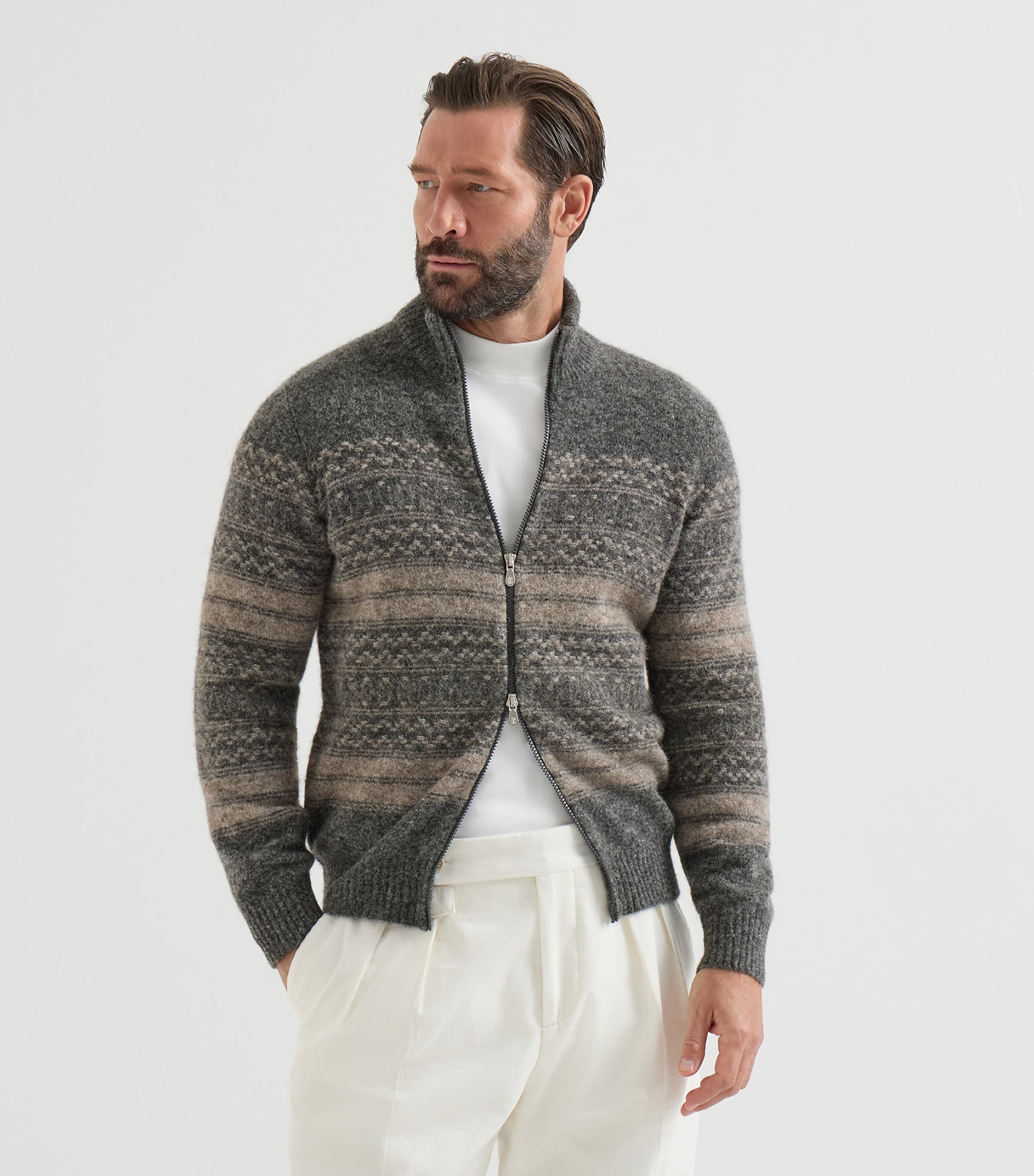 Brunello Cucinelli Mens Jacquard High-Neck Zip Cardigan Black+brown Image 4