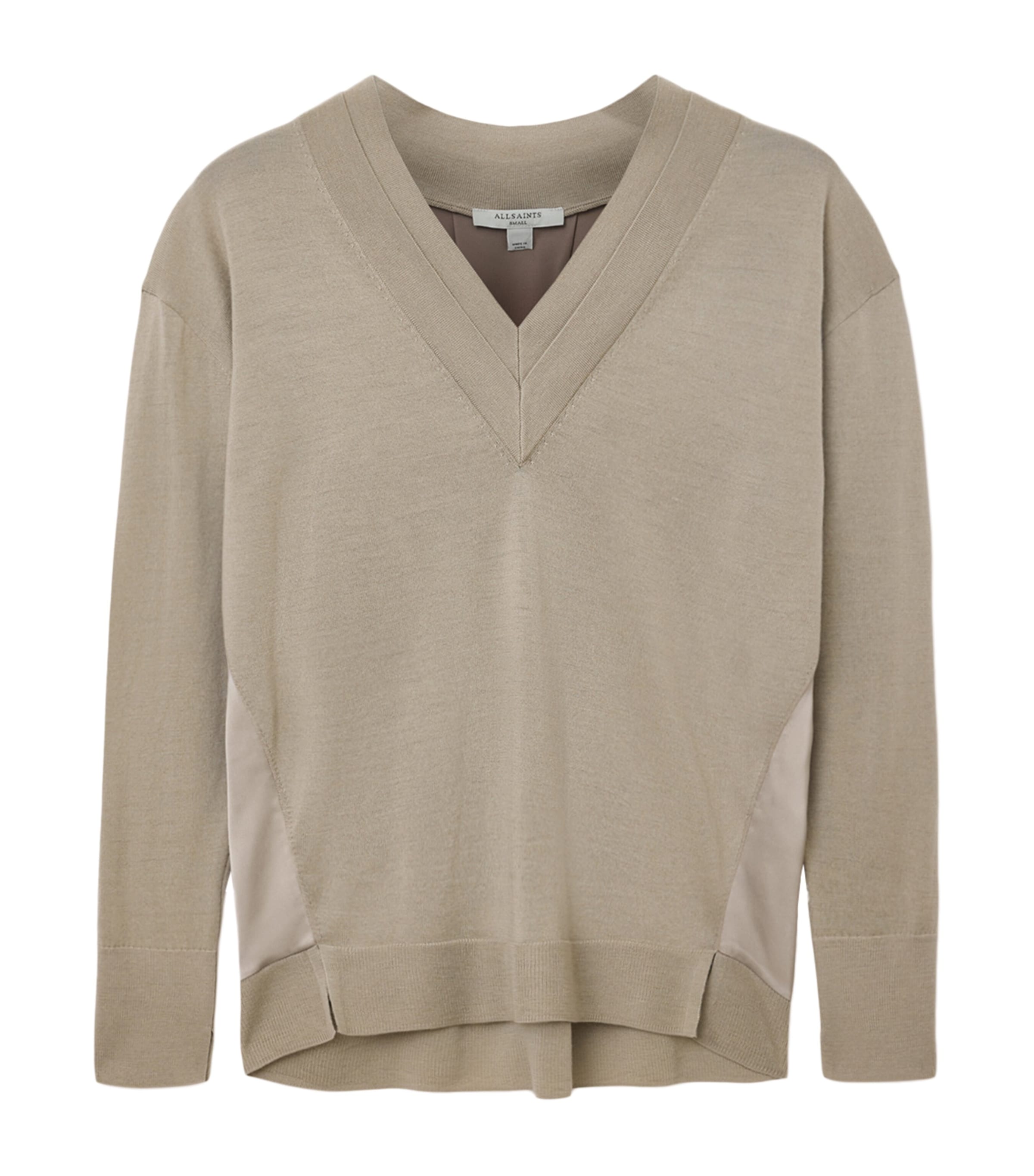 Allsaints Womens Taupe Grey Bern V-neck Contrast-panel Merino-wool Jumper Xs In Neutral