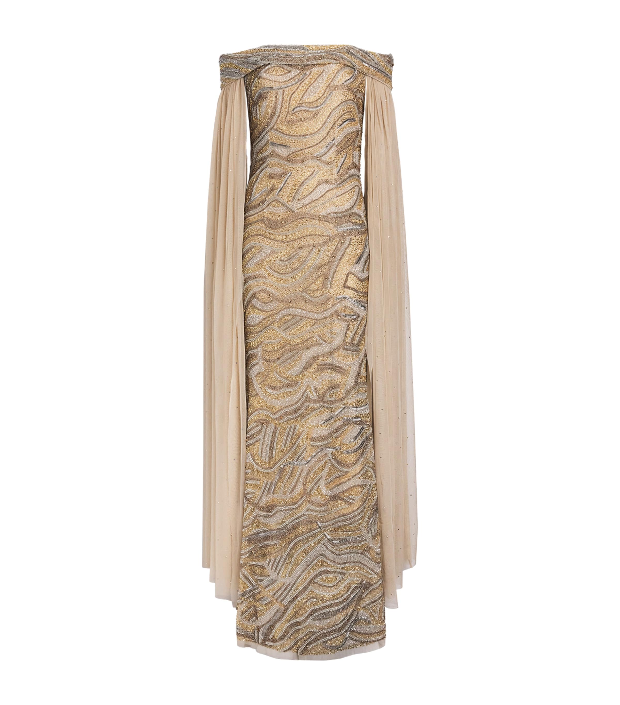 Raishma Womens Tulle Embellished Cape Gown Gold Image 1