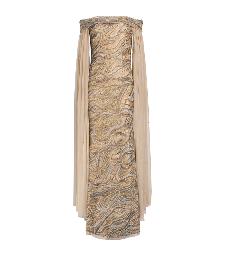 Raishma Womens Tulle Embellished Cape Gown Gold Image 1