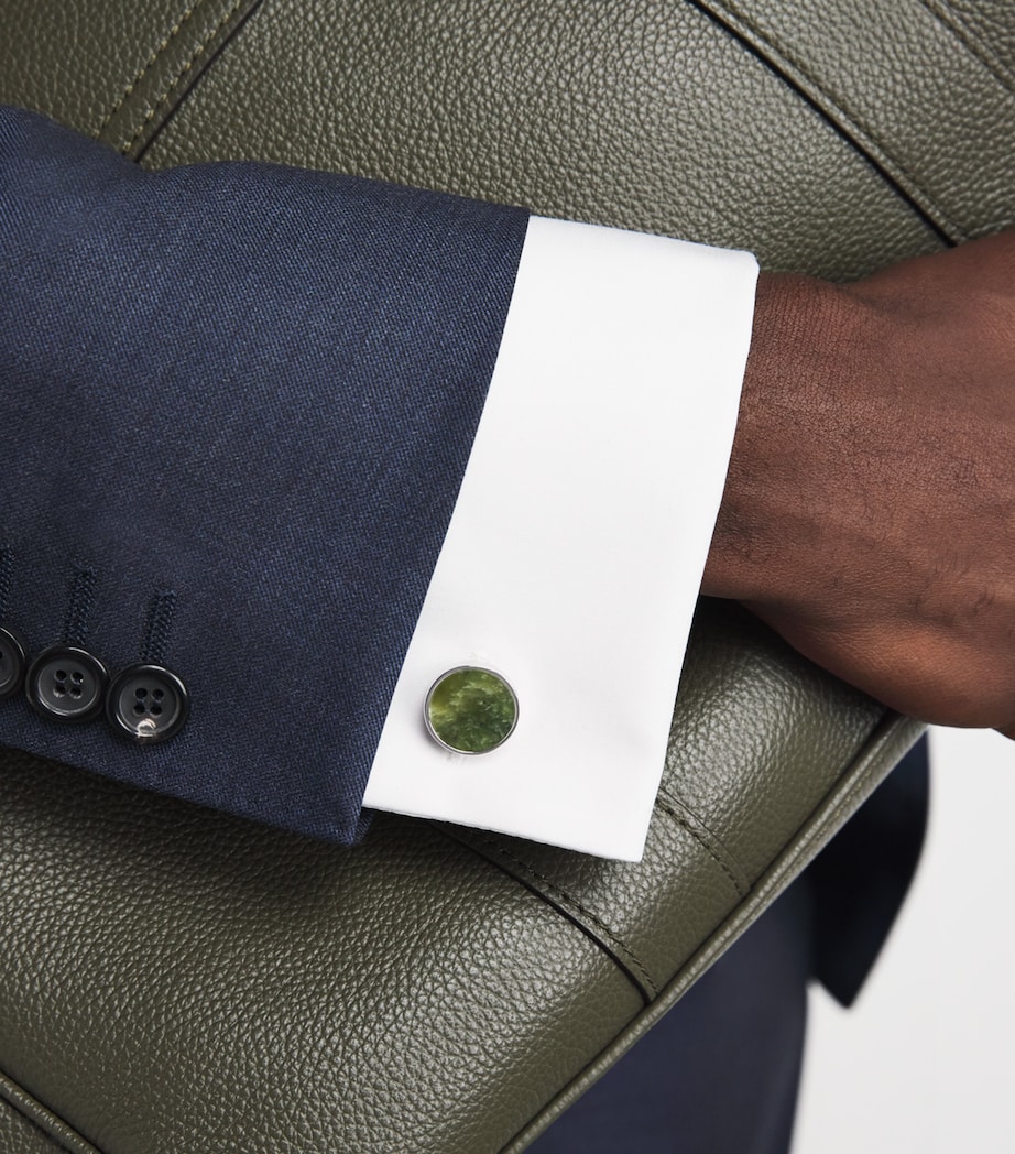 Babette Wasserman Rhodium-Plated Jade Circle Cufflinks Green Jade Image 2