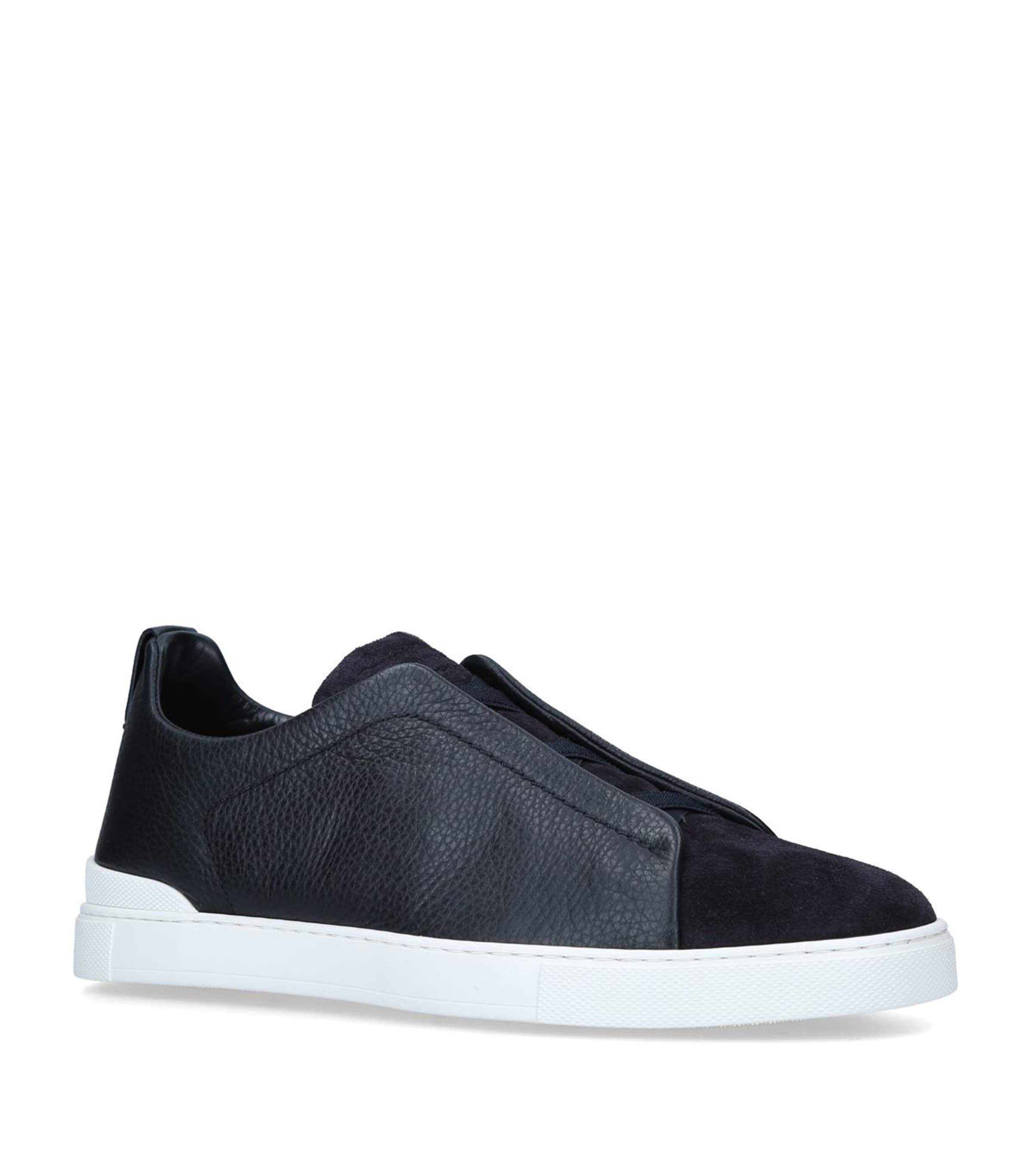 Zegna Leather Triple Stitch Sneakers Navy Image 3
