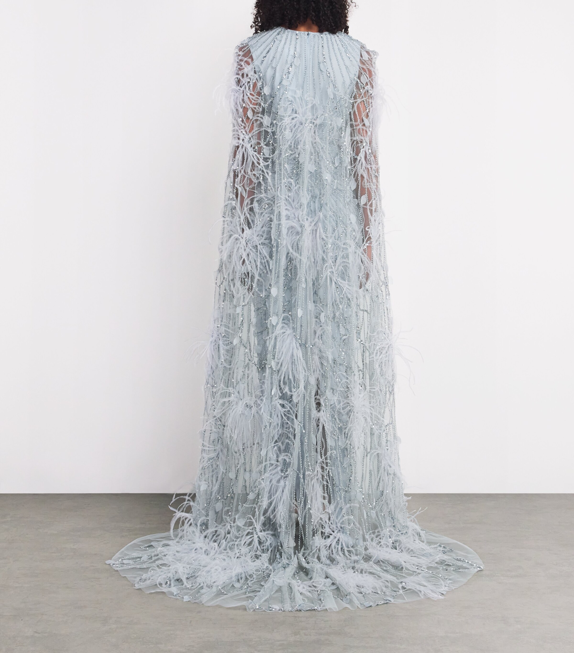 Pamella Roland Womens Tulle Ostrich Feather-Embellished Gown Blue Image 3