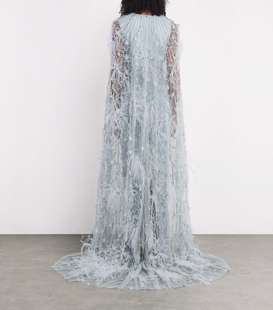 Pamella Roland Womens Tulle Ostrich Feather-Embellished Gown Blue Image 3