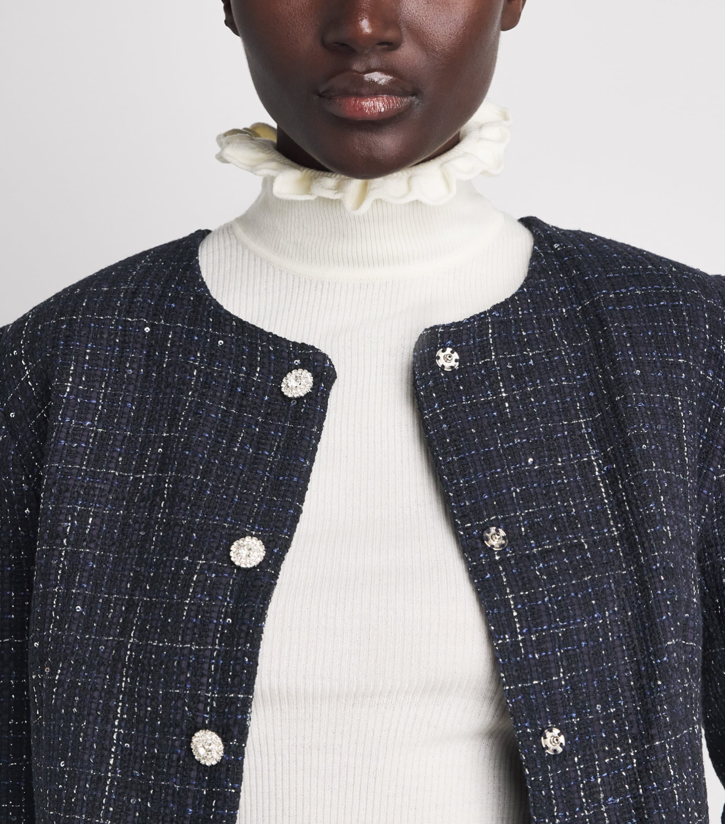 Sandro Paris Womens Tweed Sequinned Cropped Jacket Blue Image 3