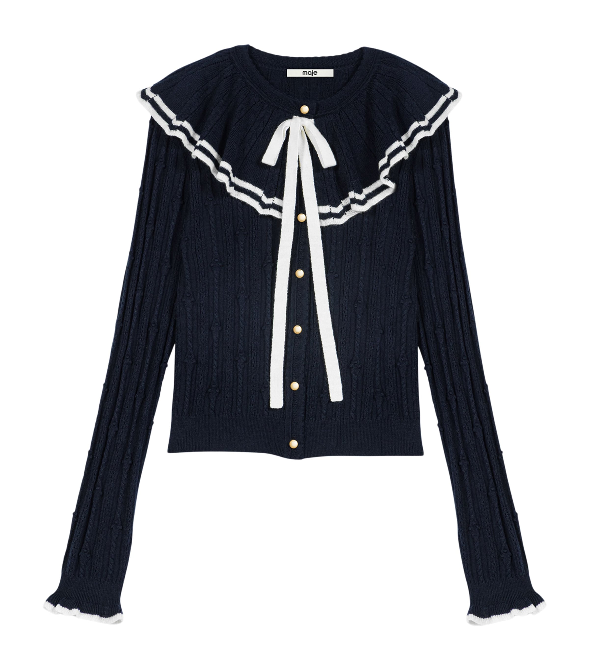 Maje Womens Knitted Ruffle-Collar Cardigan Navy Image 1