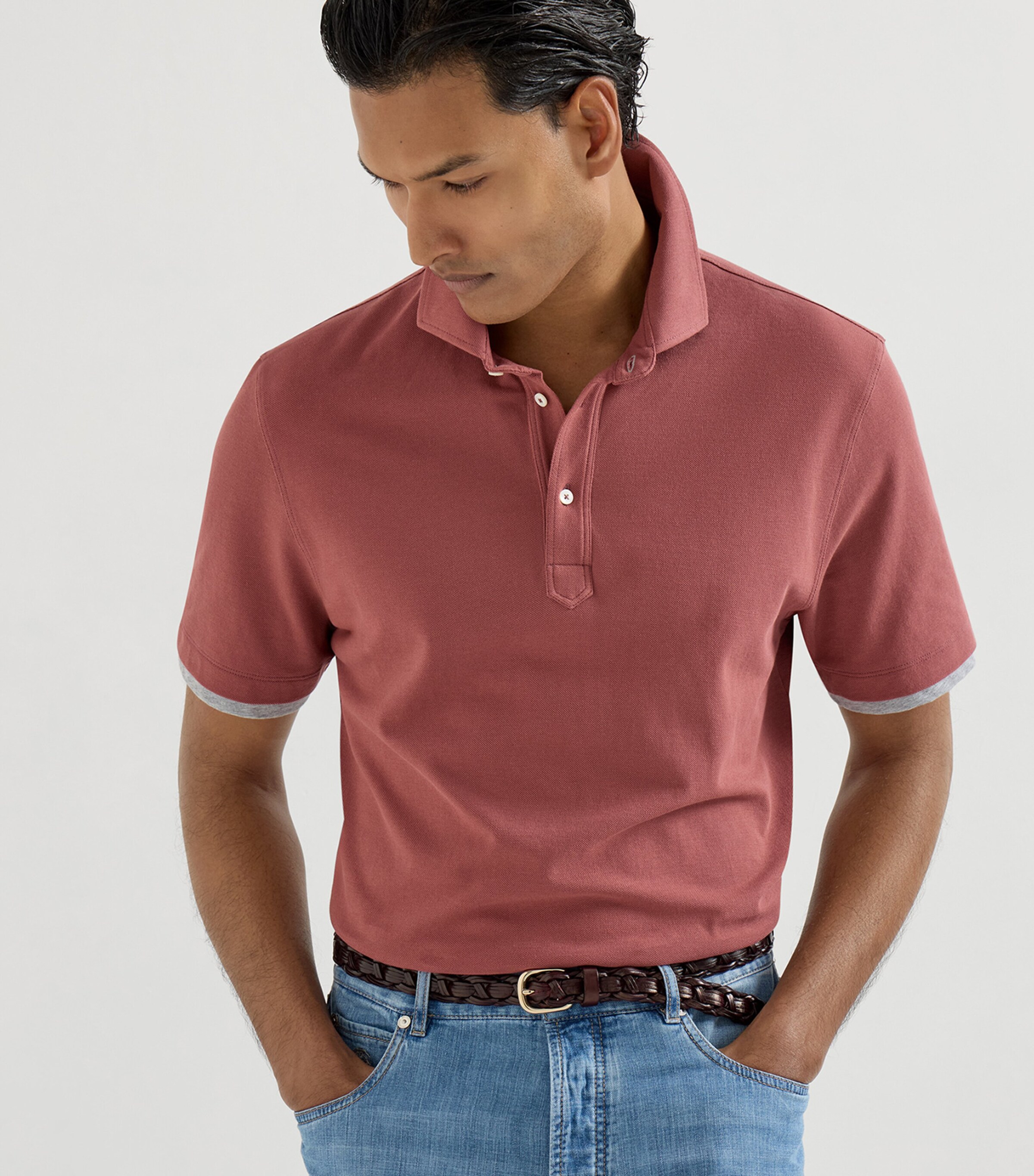 Brunello Cucinelli Mens Cotton Piqué Faux-Layerering Polo Shirt Image 3