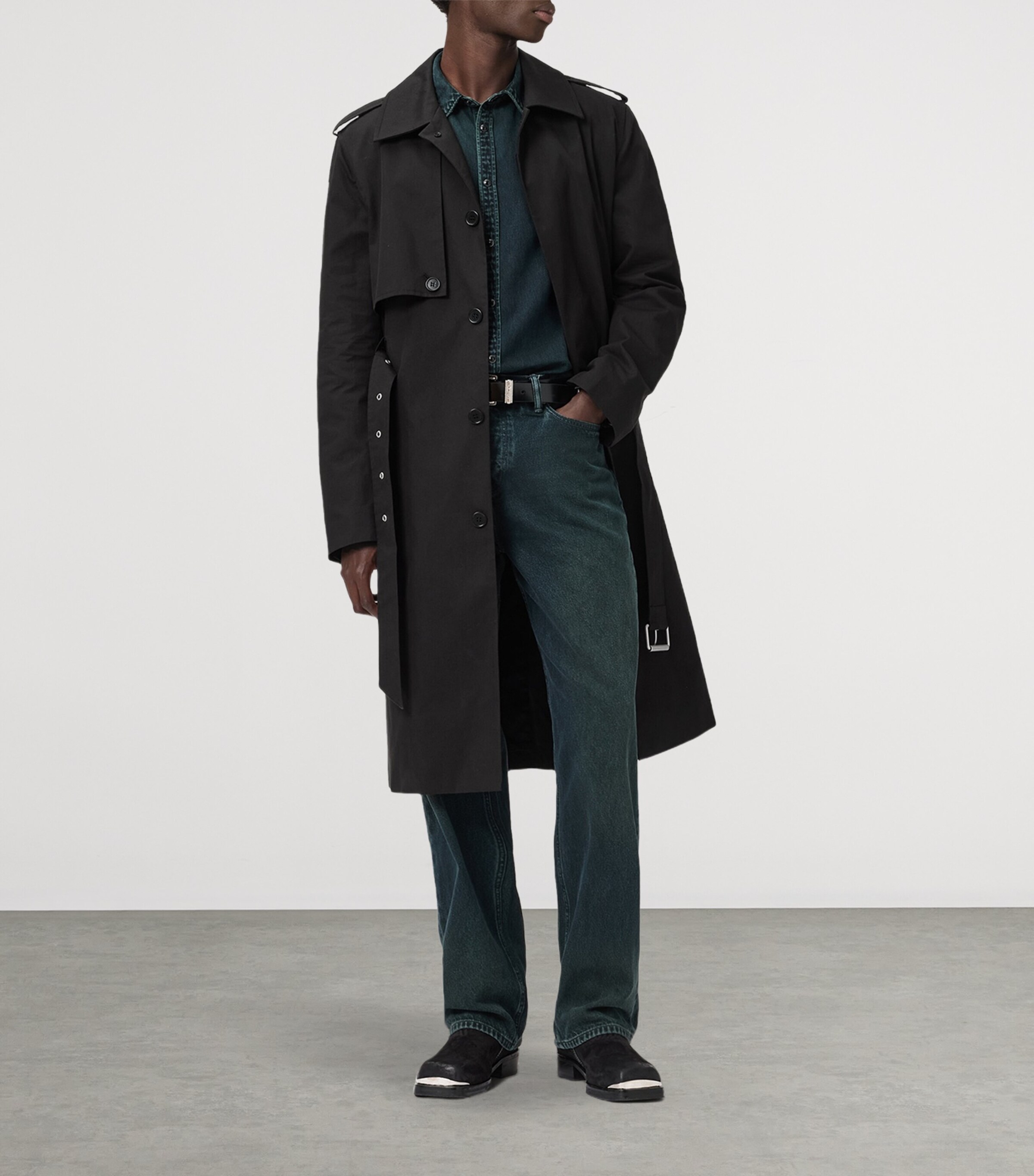AllSaints Mens Cotton-Blend Bastille Trench Coat Black Image 3