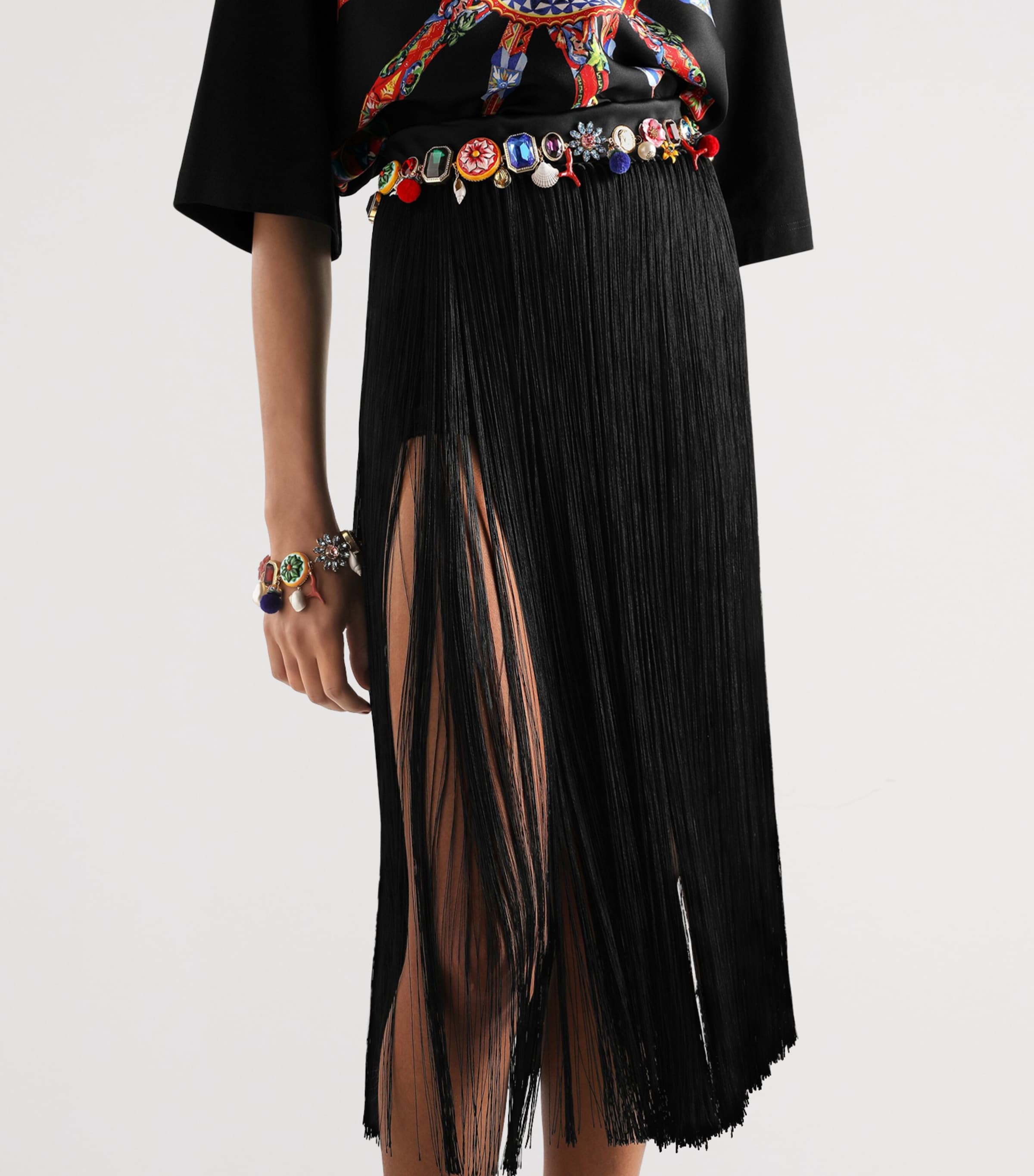 Dolce&Gabbana Womens Satin Fringe Midi Skirt Black Image 4