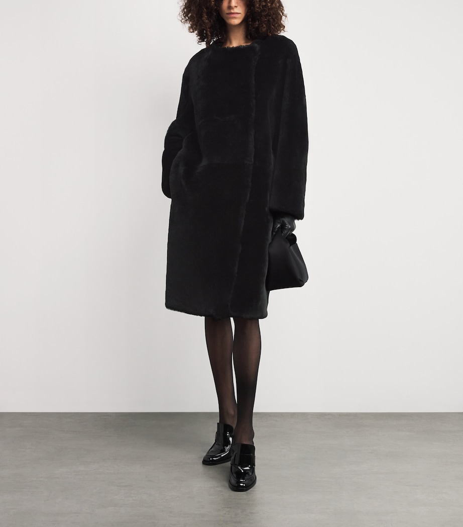 Shearling Collarless Coat 001 BLACK Image 2