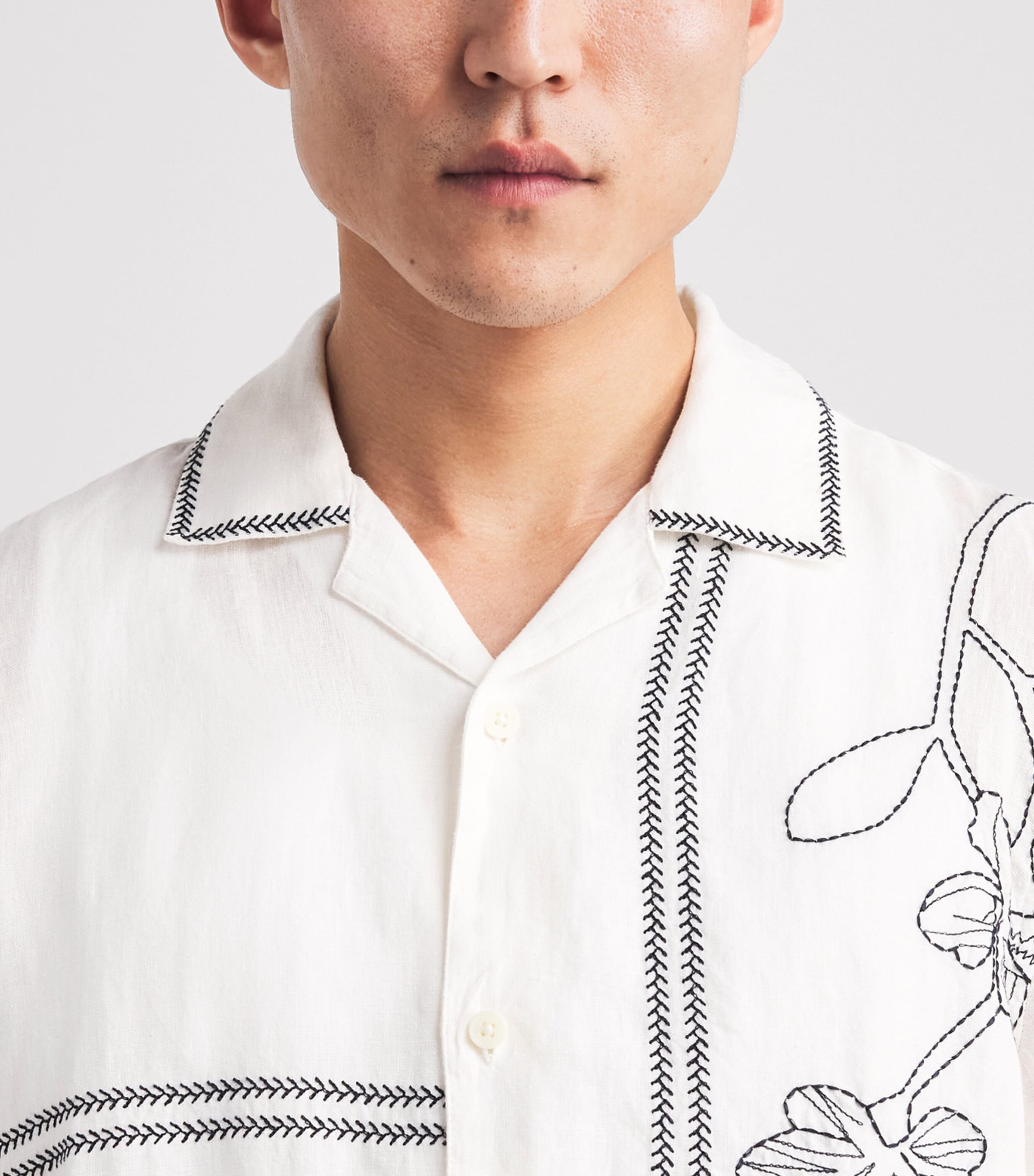 Wax London Mens Linen Embroidered Didcot Shirt Ecru / Navy Image 3