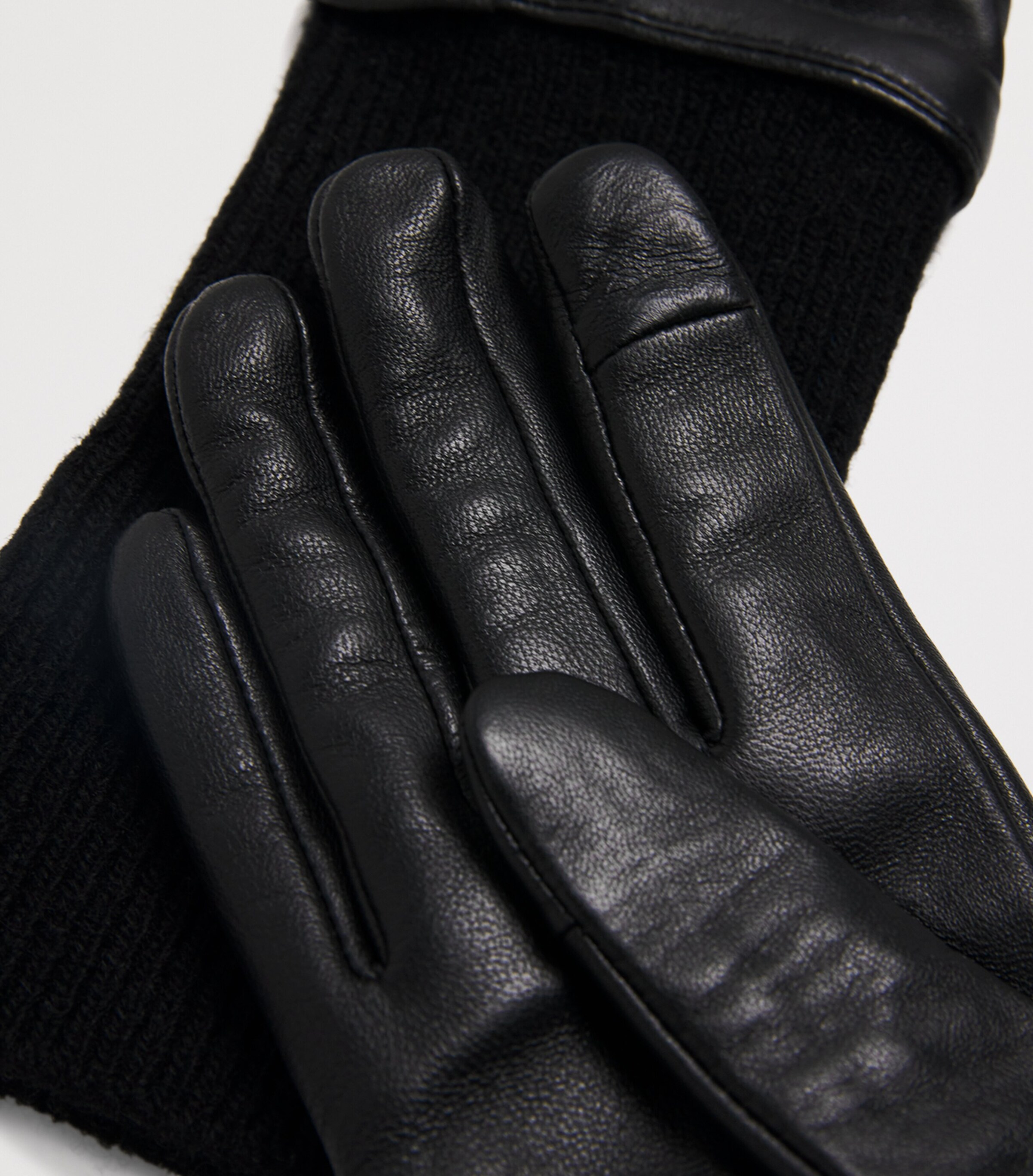 Leather Knitted-Cuffs Gloves BLACK Image 4