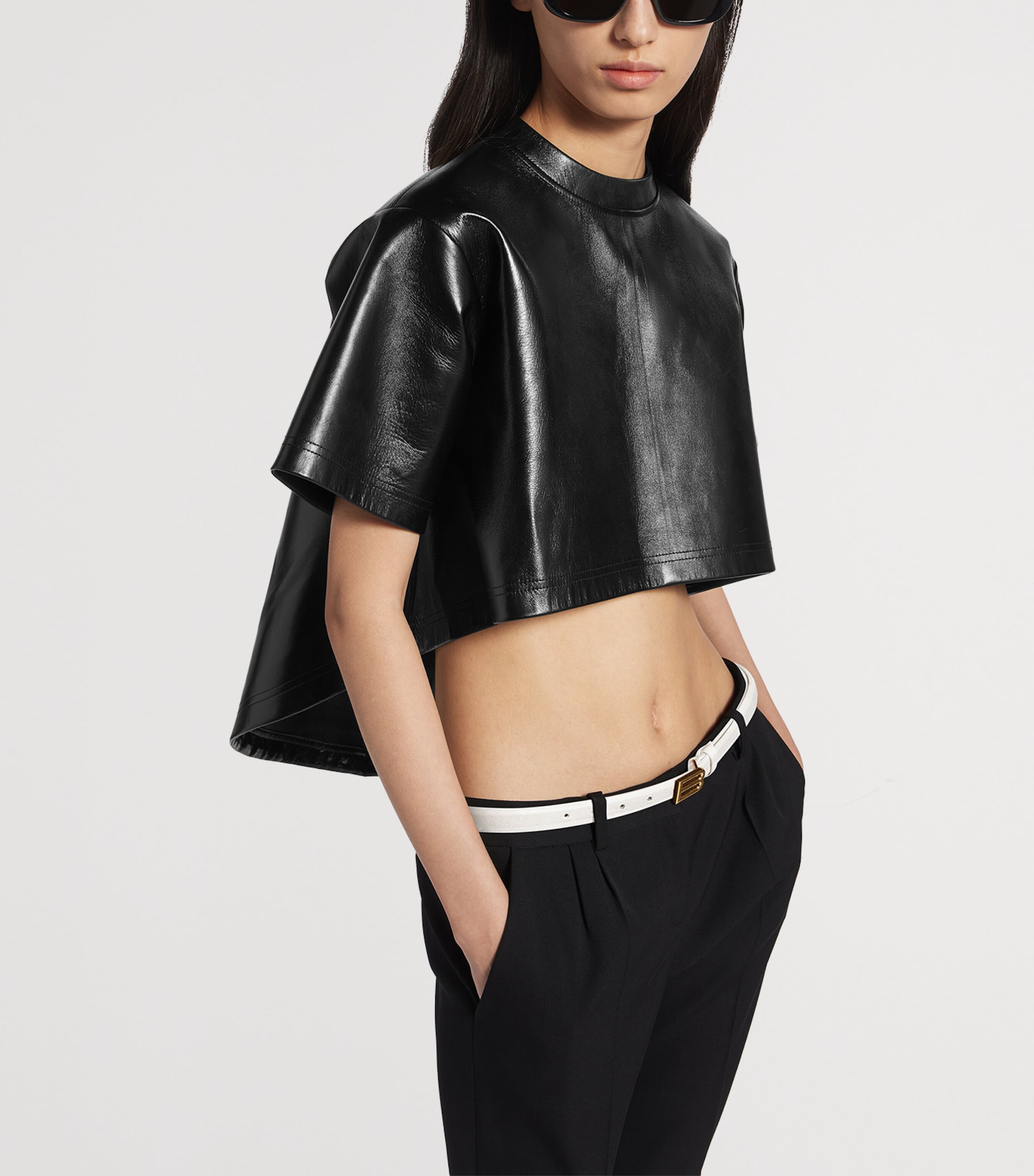 Balenciaga Womens Leather Train-Detail Crop Top Image 5