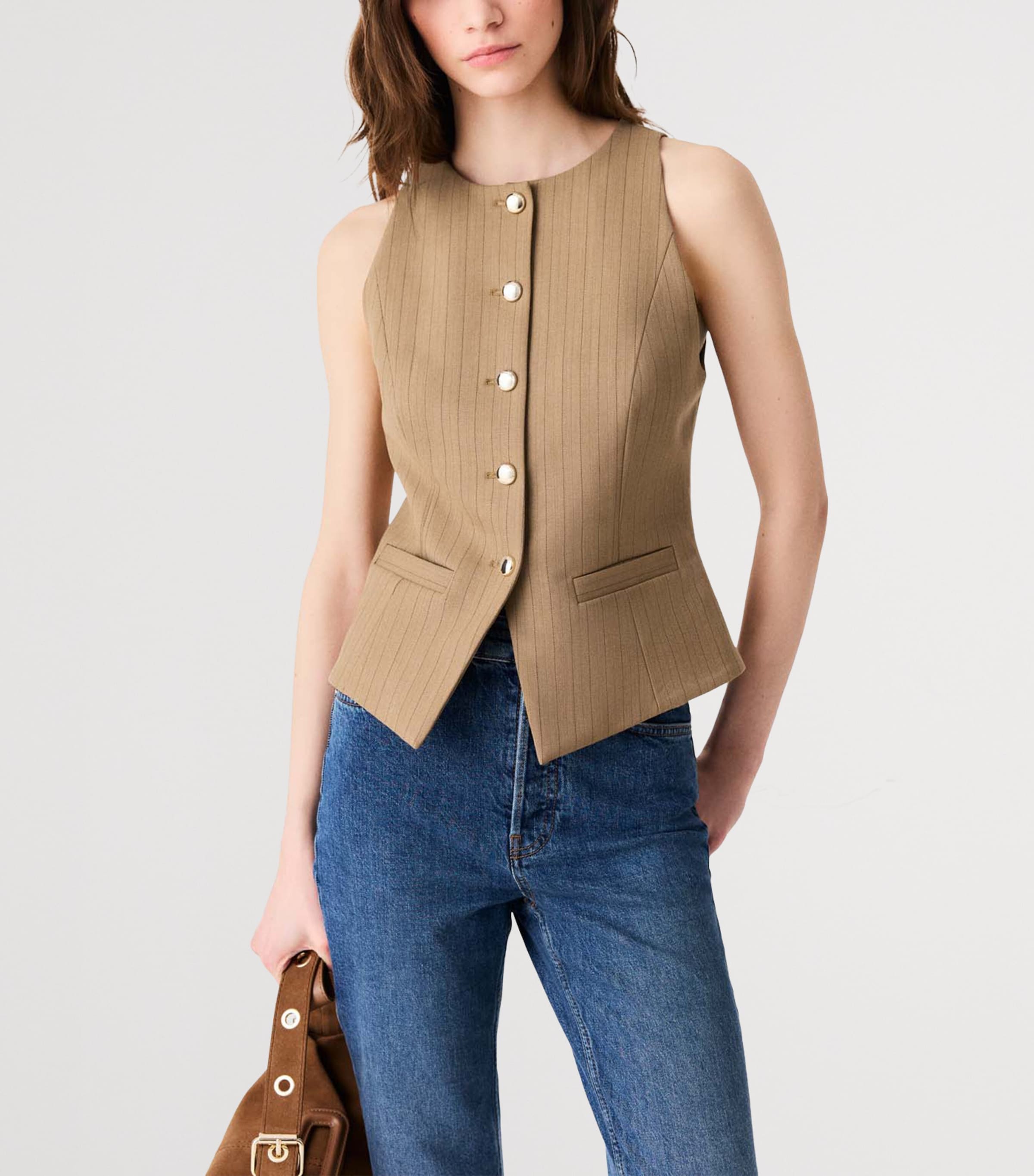 Maje Womens Wool-Blend Striped Waistcoat Beige Image 5
