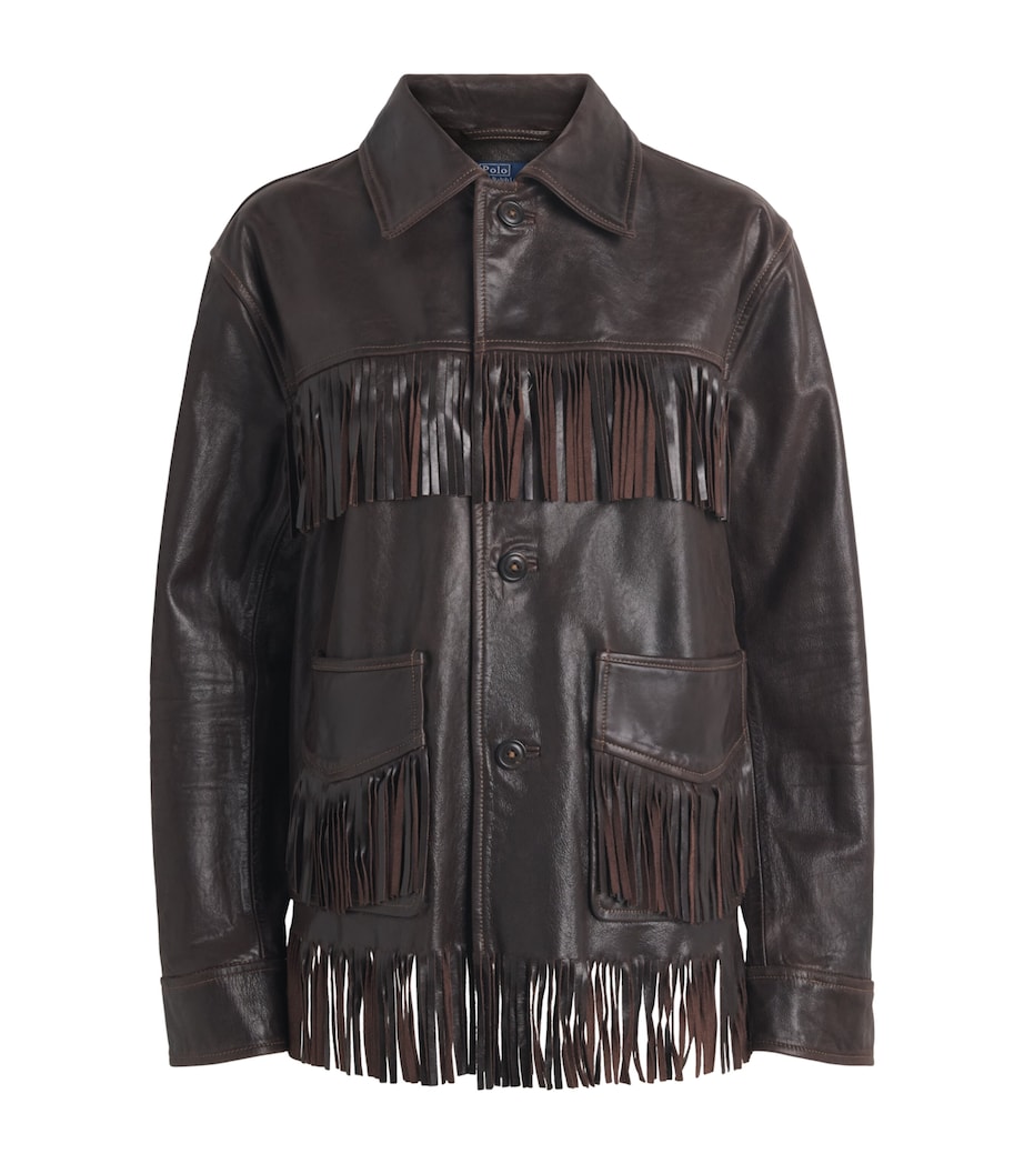 Polo Ralph Lauren Womens Fringed Leather Jacket Dark Chocolate Image 1