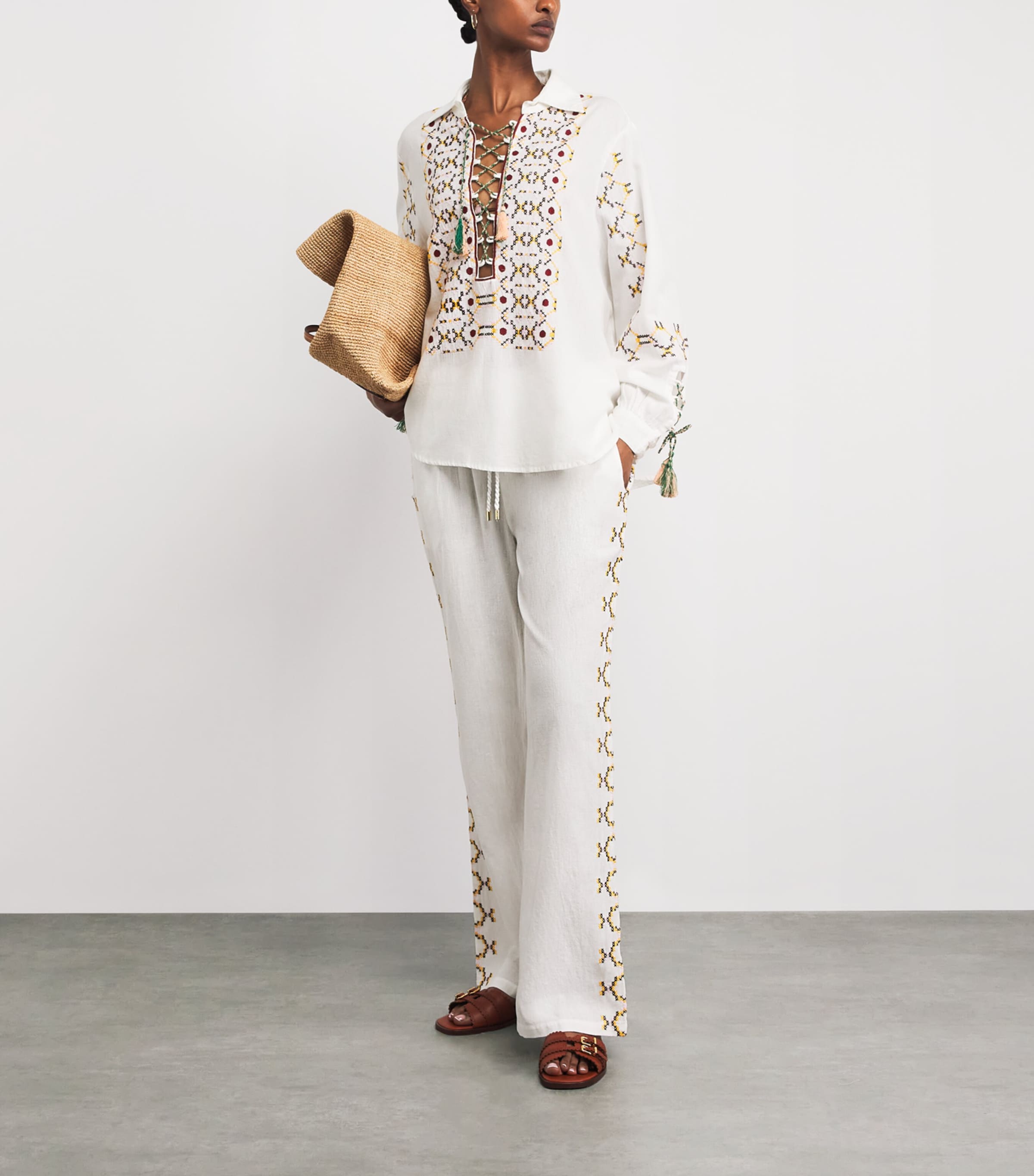 Melissa Odabash Womens Cotton-Linen Elvie Drawstring Trousers White/yellow Image 2