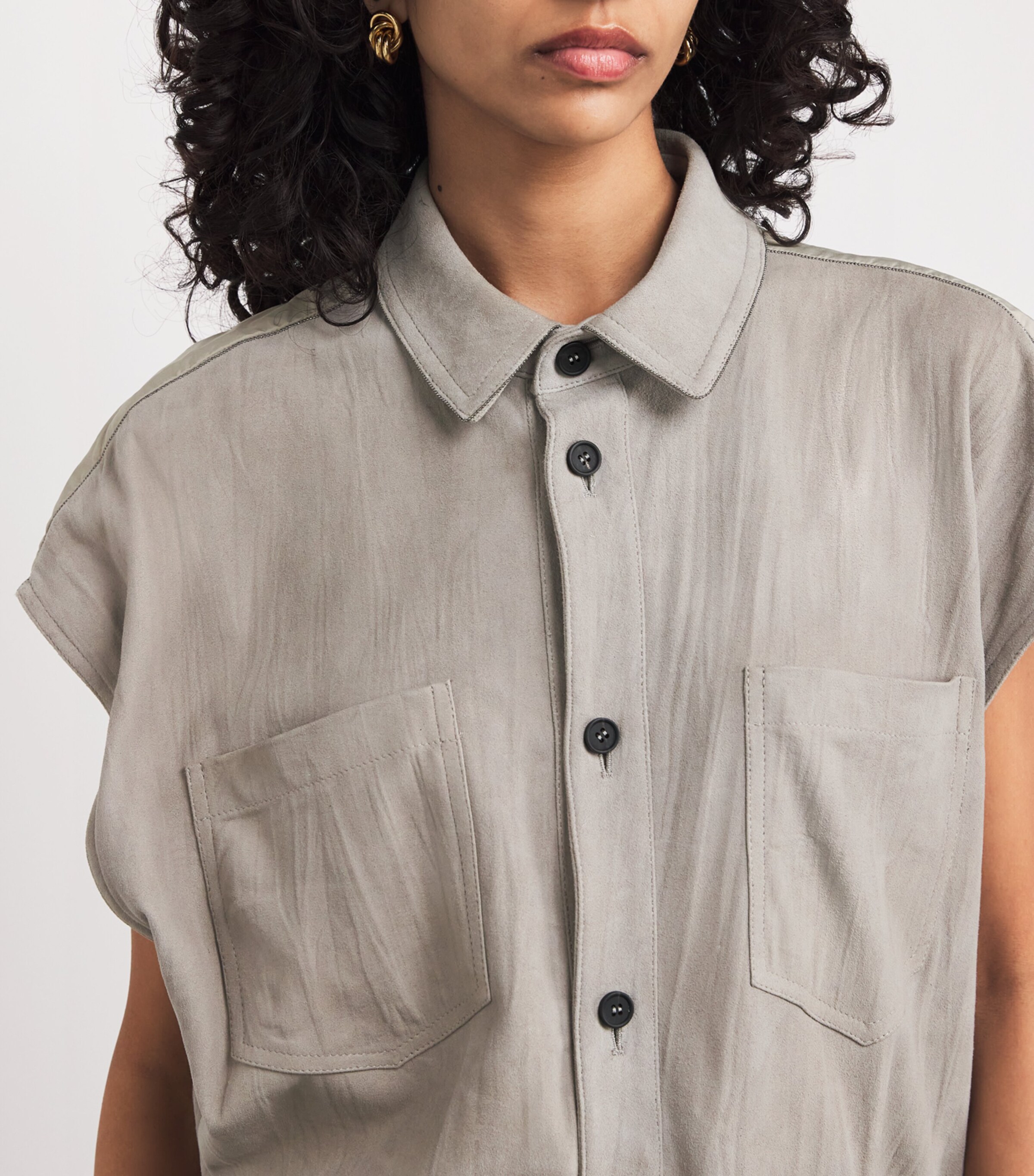 Fabiana Filippi Womens Suede Cap-Sleeve Shirt Argilla Image 6