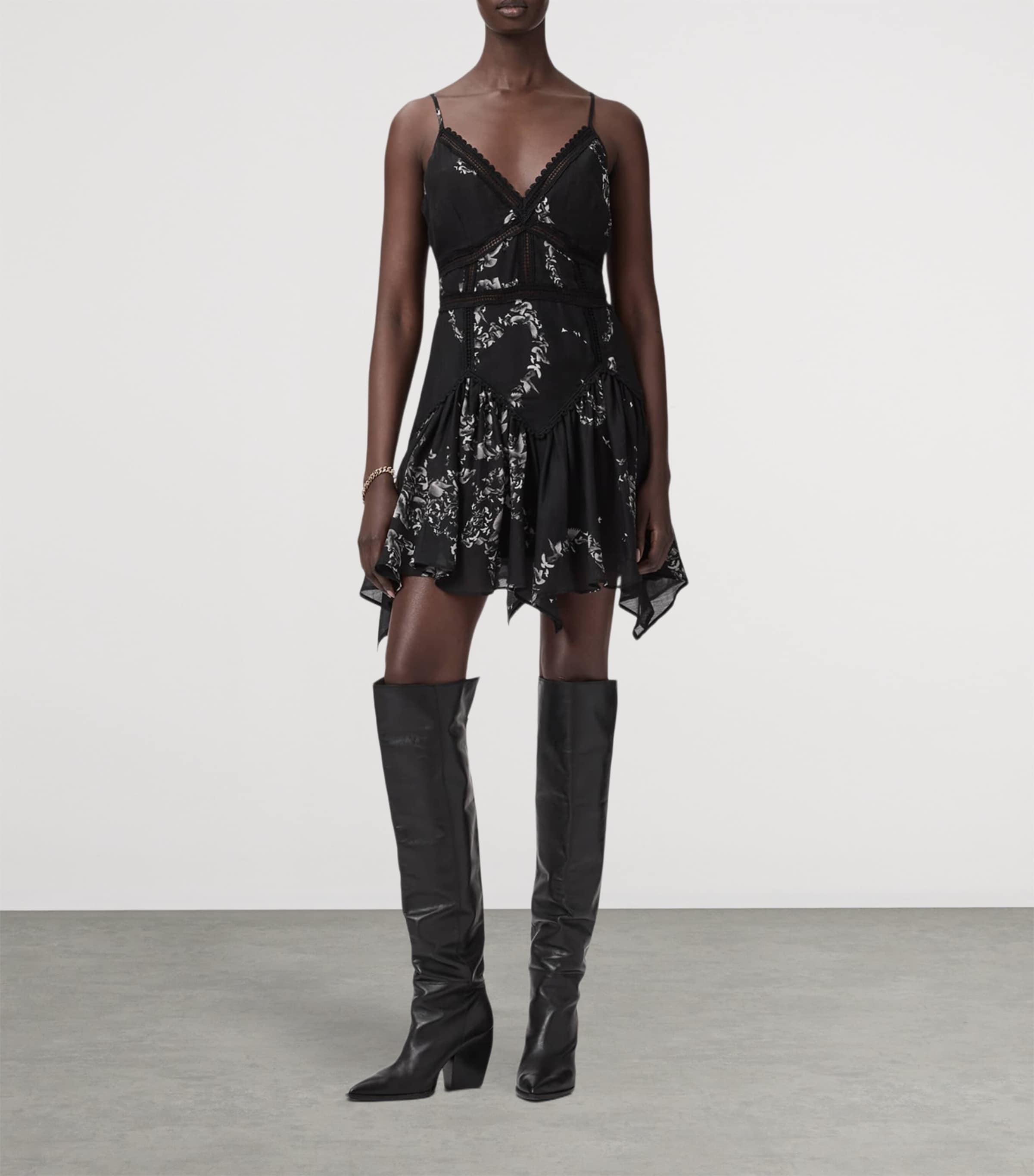 AllSaints Womens Lace-Trim Zia Mini Dress Flight Black Image 2