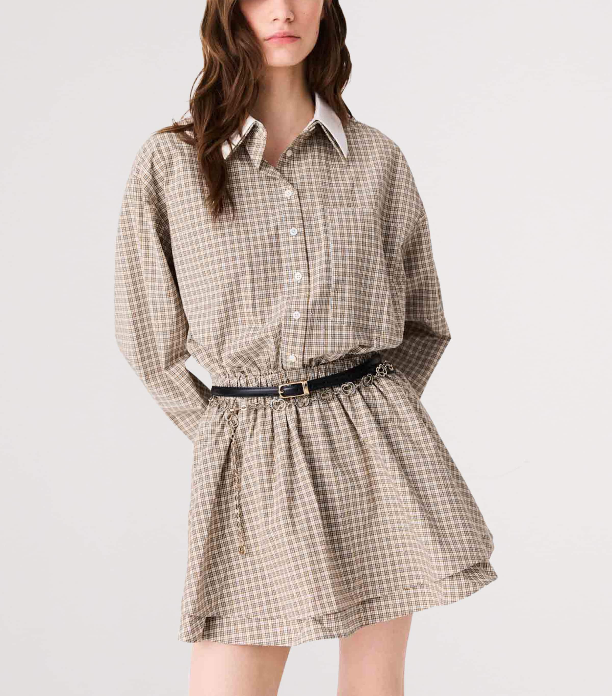 Maje Womens Cotton Check Mini Shirt Dress Beige Image 5