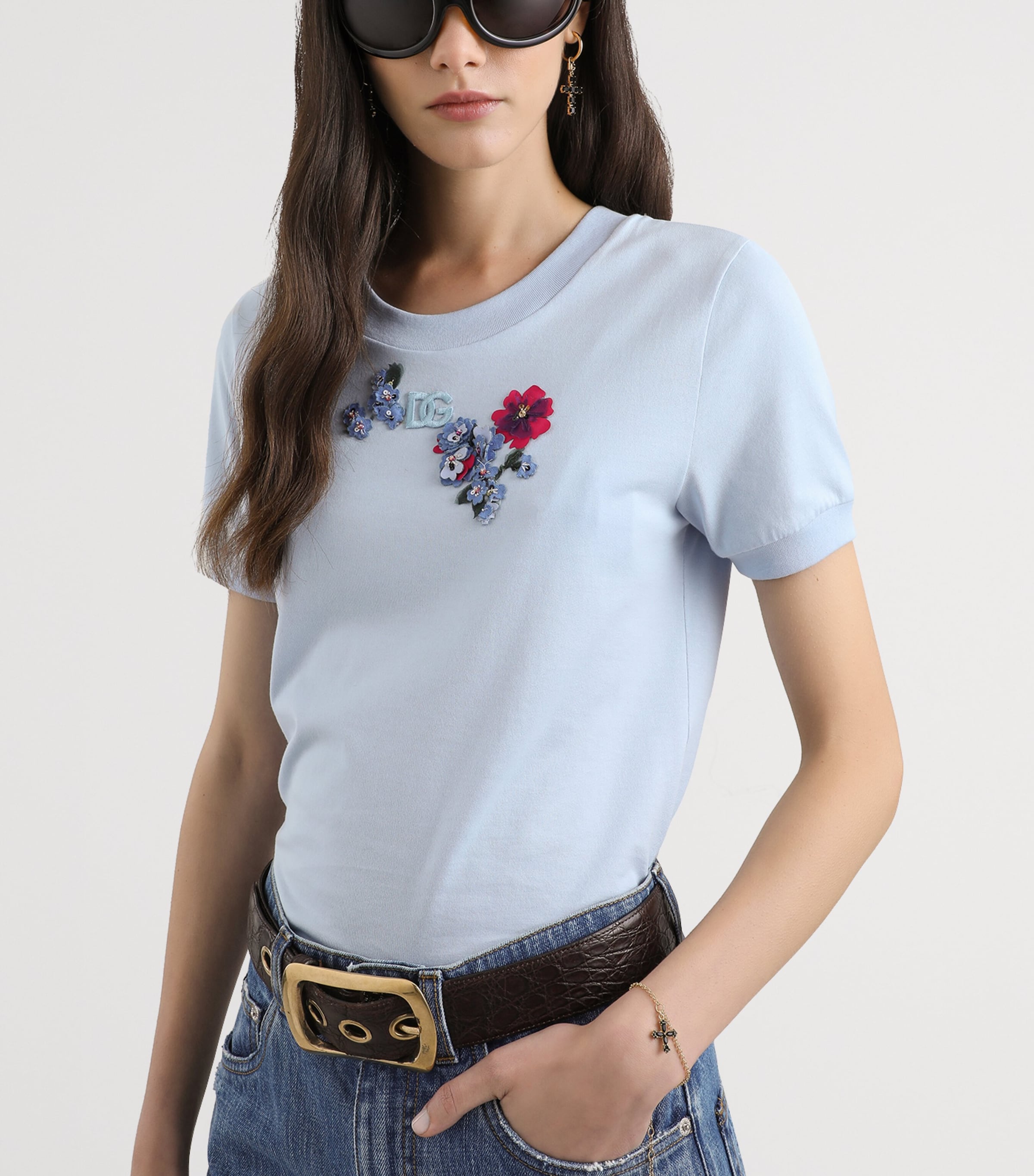 Dolce&Gabbana Womens Floral Appliqué Logo T-Shirt Sky Image 4