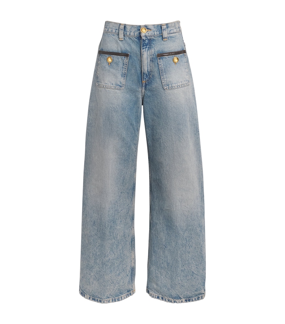 Sandro Paris Womens Leather-Trimmed Straight Jeans Blue Jean Image 1