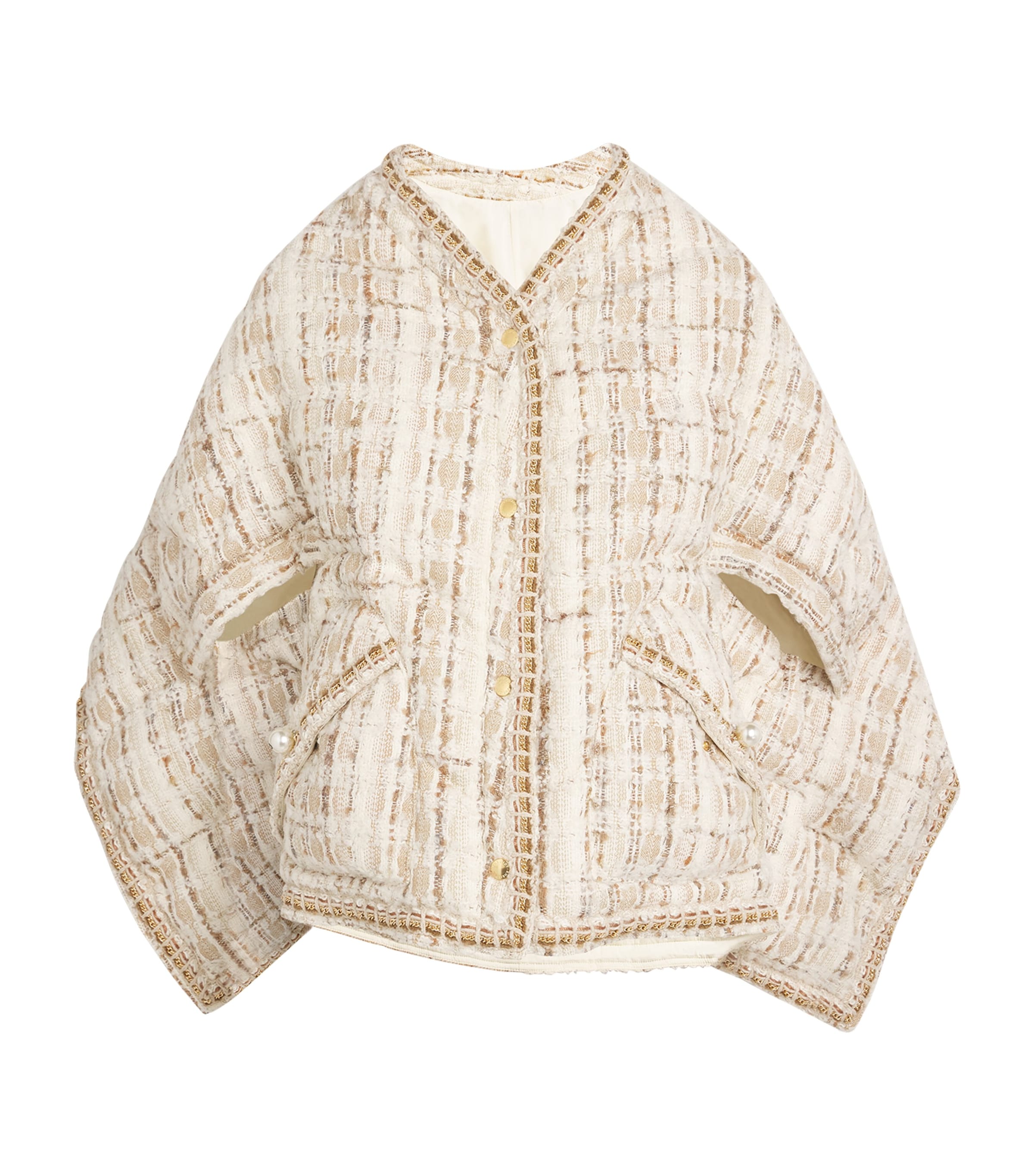 Khrisjoy Tweed Down Corazon Puffer Cape In Beige