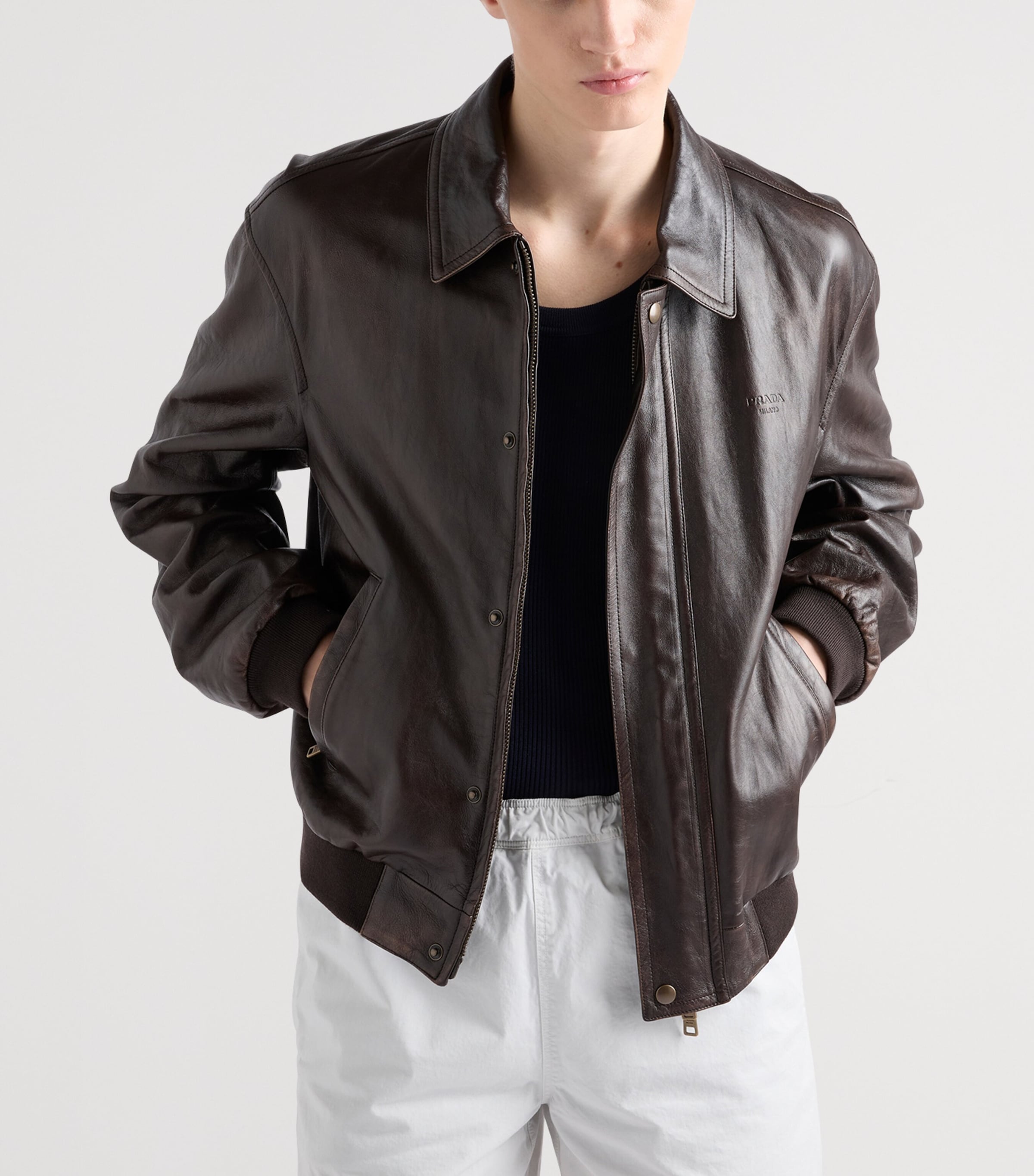 Prada Mens Nappa Leather Bomber Jacket Brown Image 3