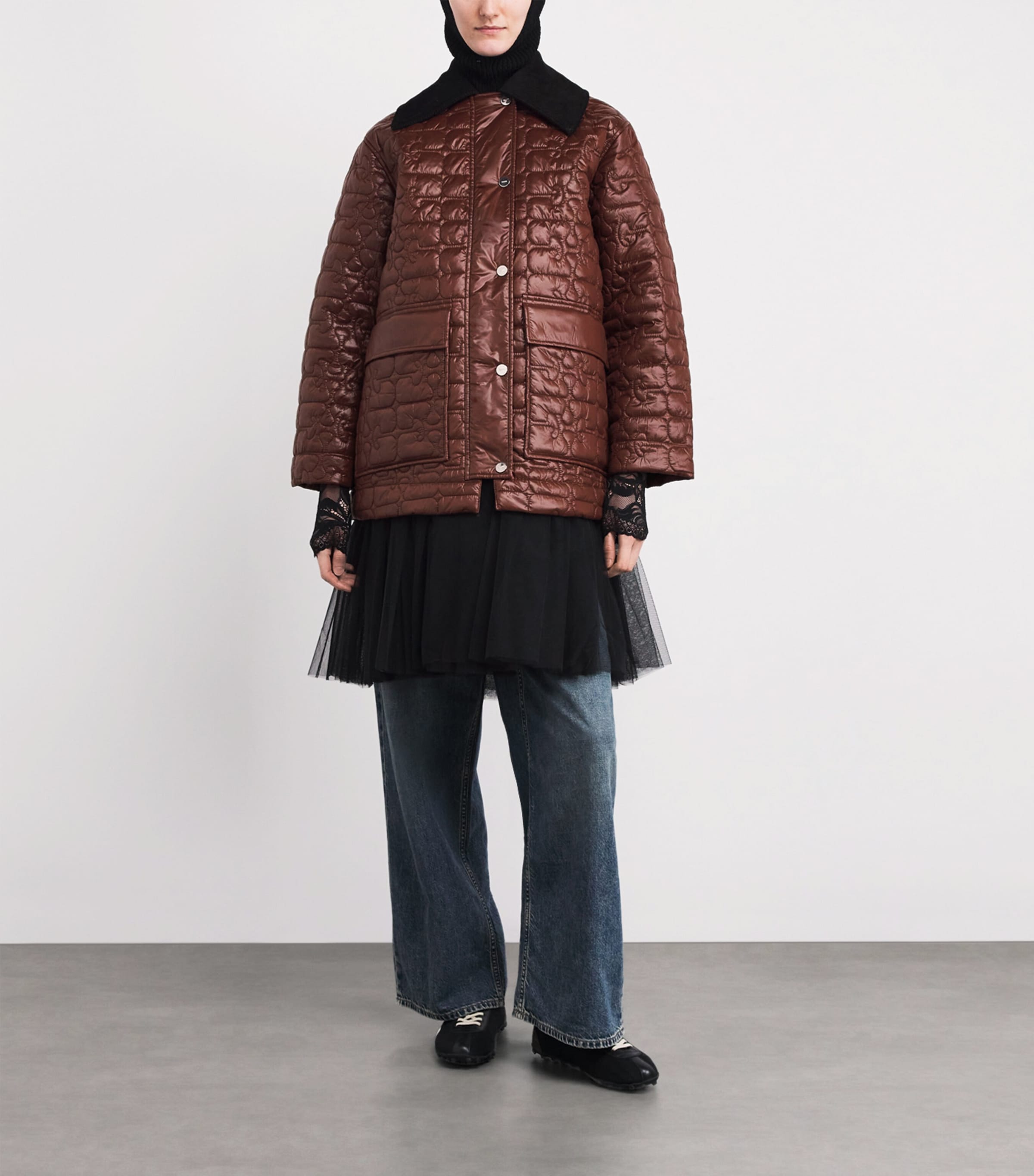 Corduroy-Collar Shiny Quilted Jacket 979 CHICORY COFFEE Image 2