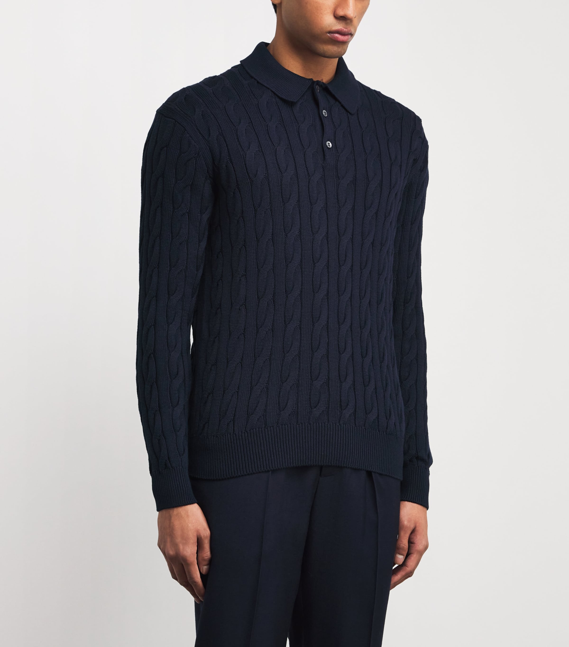 Cotton-Silk Cable-Knit Polo Sweater NAVY Image 3
