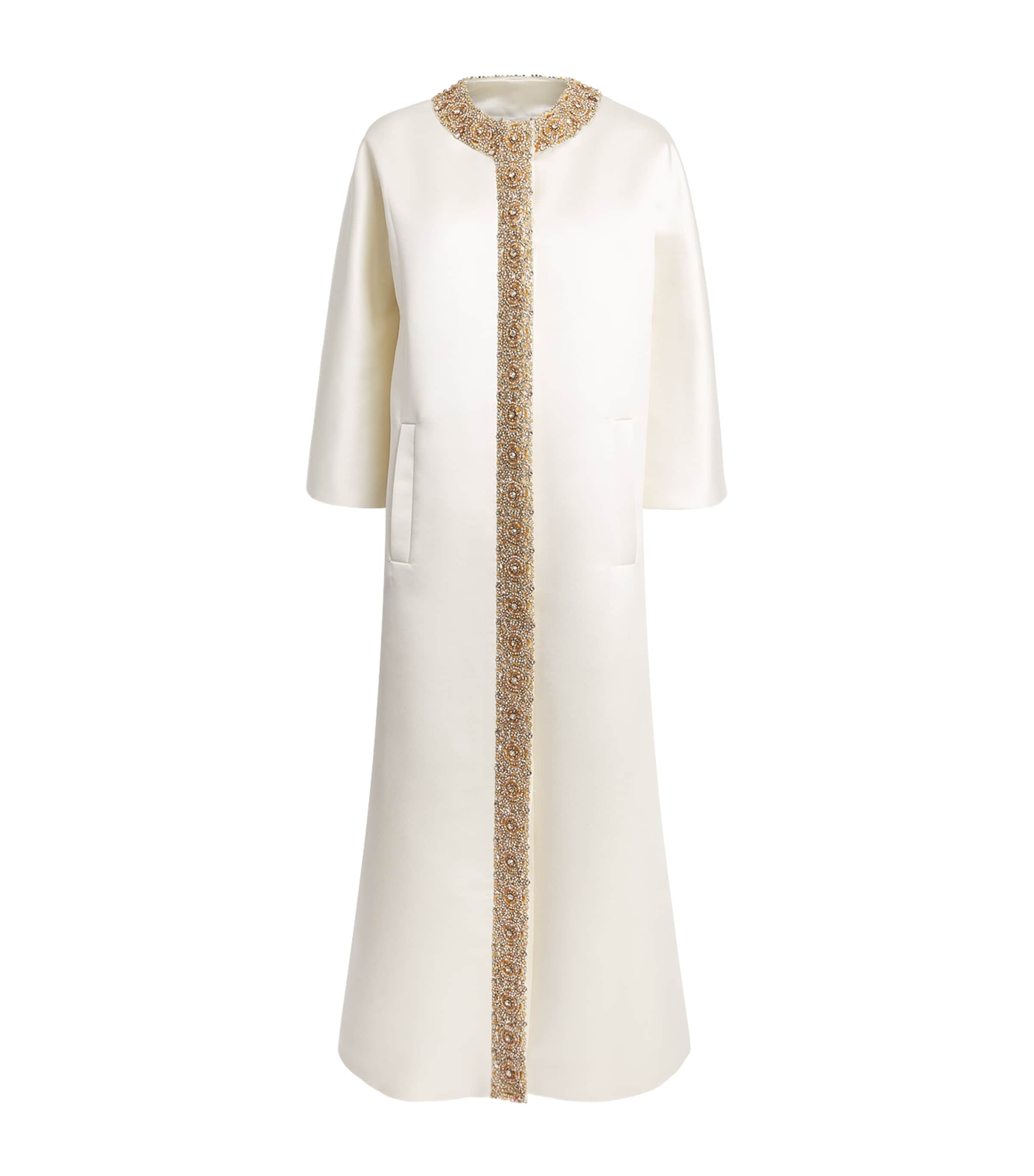 Huishan Zhang Womens Satin Embellished Halo Overcoat Ivory Image 1
